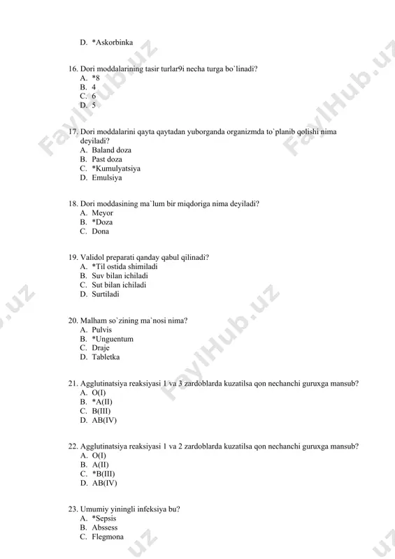i, a. 2-3 oy b. *12-16 oy c. 12 yosh d. 10-12 oy 32. bolalarni necha xil usulda ovqatlantiriladi? a. *3 b. 4 c. 2 d. 5 33. tana vazni 1000 gr dank am bo`lgan bola qanday nomlanadi? a. chala tug`ilgan chaqaloq b. sog`lom chaqaloq c. embrion d. *yetilmagan xomila 34. stomatit qanday kasallik? a. *og`iz shilliq pardasining yalliglanishi b. ovqat hazm bo`lmasligi c. meda ichak yo`li kasalligi d. dermatit 35. raxit kasalligi qaysi vitamin yetishmasligi sababli kelib chiqadi? a. b 12 vitamini b. *d vitamin c. c vitamin d. e vitamin 36. sepsis bu? a. *qonning mikroblar bilan zararlanishi b. nafas olishning qiyinlashishi c. yiringli toshmalar d. ovqatning hazm bo`lmasligi. 37. antrapometriya so`zining ma`nosi nima? a. o`lchayman b. kesaman c. chizaman d. sanayman 38. chaqaloqlarda buyrak vazni qanchani tashkil qiladi? a. *11-12 gr b. 14-16 gr c. 9-11 gr d. 7-8 gr 39. bolaning necha oyligida so`lak bezlari to`liq …