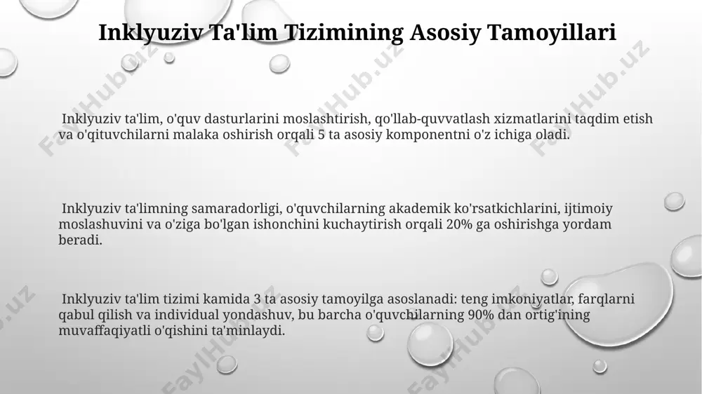 htiyojlarini 70% ga yaqinroq qondirish imkonini beradi, natijada akademik ko'rsatkichlar va ijtimoiy moslashuvchanlikning o'sishi kuzatiladi. muvaffaqiyatni o'lchash va baholash kamida 80% o'quvchilarning o'quv natijalarida sezilarli yaxshilanish kuzatilishi, inklyuziv ta'lim tizimining samaradorligini ko'rsatuvchi muhim ko'rsatkich hisoblanadi va bu maqsadlarga erishish uchun qo'llaniladigan strategiya va resurslarni tahlil qilishni talab qiladi. inklyuziv ta'limning muvaffaqiyatini baholashda, kamida 3 ta turli baholash vositalaridan (testlar, kuzatuvlar, portfellar) foydalanib, o'quvchilarning akademik, ijtimoiy-emotsional va shaxsiy rivojlanishini o'lchash kerak. muvaffaqiyatni baholashda, 5-10% o'quvchilarning individual ehtiyojlarini qondirishga qaratilgan dasturlar samaradorligini aniqlash uchun sifatli va miqdoriy ko'rsatkichlardan foydalanish muhim. inklyuziv baholovchi tizimlar inklyuziv baholovchi tizimlar talabalarning 70% dan ortig'i o'zlashtirish darajasiga moslashtirilgan 3 xil baholovchi vositalarni qo'llashni nazarda tutadi. ushbu tizimlarda kamida 5 xil o'quv uslublarini qo'llab-quvvatlash uchun individual va guruhdagi ishlar birgalikda amalga oshiriladi. inklyuziv baholovchi tizimlar o'quv natijalarini baholashda sifatli va miqdoriy ma'lumotlardan foydalanib, 10 balldan 8 balldan yuqori natijalarga erishishga qaratilgan. davlat siyosati va qonunchilik 2025 yilgacha inklyuziv …