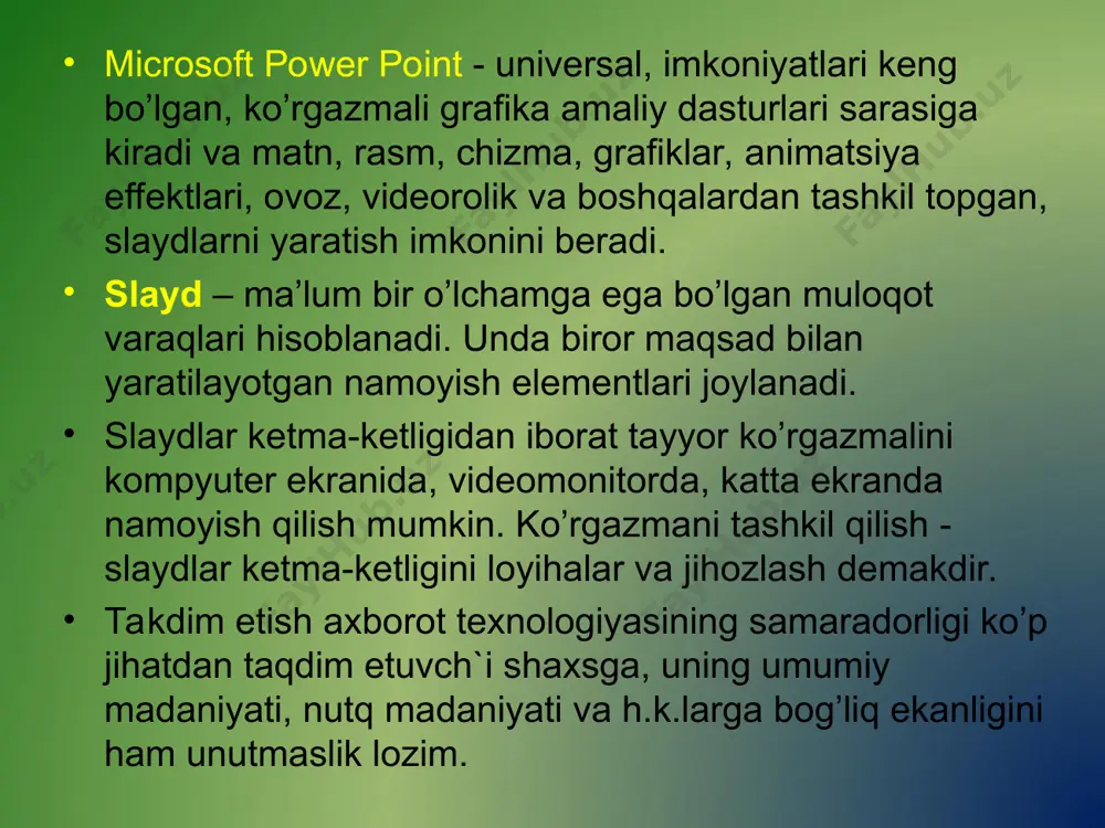 asturni ishga tushirishni windows ish stоlidan bоshlash zarur. ish stоlidagi quyidagi buyruqlarni bajarish orqali dastur ishga tushiriladi: pusk» - «prоgrammi» - «microsoft роwer роint» eslatma: yuqоridagi buyruqlarni bajarish sichqоnchaning chap tugmasini bоsish orqali amalga оshiriladi. power роint ishga tushirilganda ekranda taqdimot yaratish muloqot darchasini kurish mumkin. bu muloqot oynasi orqali taqdimot yaratish turini tanlab olish mumkin buladi. “master avtosoderjaniya” (avtomundarija ustasi) – ma’ruzachi ismi, familiyasi, mavzu nomi, taqdimot turi, uslubi, rangli chizmasini kiritib, bir necha slayddan iborat bulgan tayyor naqdimotni chiqaradi. “shablon prezentatsii” (taqdimot qoliplari) – taqdimotni jihozlash turini tanlash va ularda ish olib boorish imkonini beradi. “pustuyu prezentatsiyu” (bush taqdimotni) – mustaqil ravishda taqdimot tuzish imkonini beradi. “otkrit prezentatsiyu” (taqdimotni ochish) – kompyuter xotirasida va diskda mavjud bulgan kurgazmali fayllarni ochadi. роwer роint ekranining pastki chap burchagida ish rejimi va uning turlarini boshqaruvchi tugmachalar (piktоgrammalar) guruhi jоylashgan. tugmachalarning vazifalari quyida keltirilgan: - slaydlar – bu rejim tanlanganda ekranda faqat …