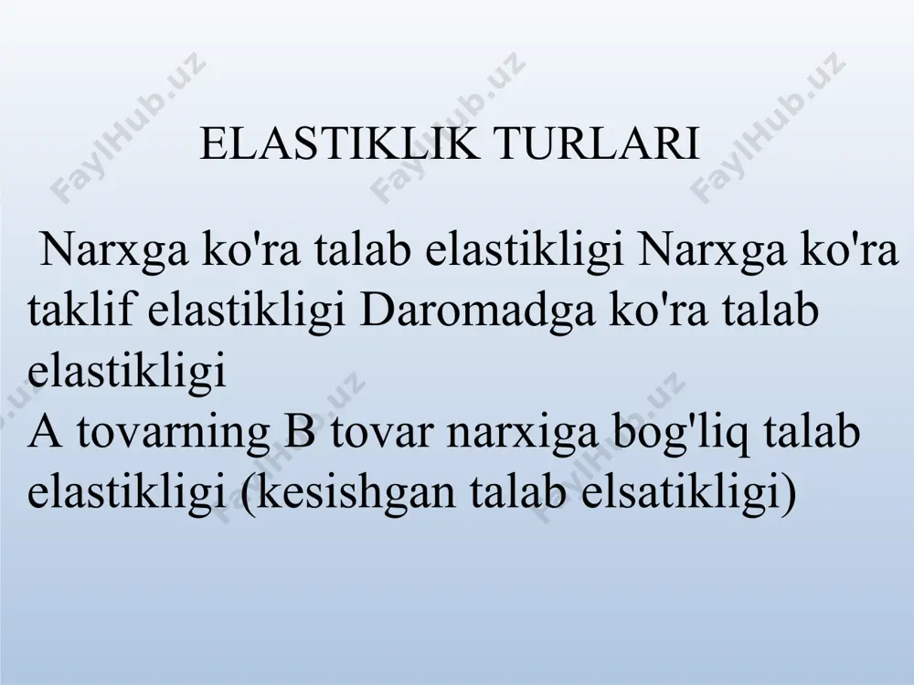 astikligi talab elastikligi narxdan tashqari, daromadga ham bog'liqdir. ko'pgina tovarlarga talab, iste'molchilar daromadi oshganda oshadi. daromad bo'yicha elastiklik, bu daromad (r)ni bir foizga o'zgarishi talab qilingan tovar (q) ni necha foizga o'zgarishini bildiradi: 23e d r  q q r  r   q r q r tovarlar daromadga bog'liq talab elastikligiga ko'ra quyidagilarga bo'linadi: yuqori kategoriyali tovarlar normal tovarlar quyi kategoriyali tovarlar e  1 kundalik tovarlar 0<ei<1 ei  1 ei  0 i кesishgan talab elastikligi bitta tovarga bo'lgan talabga boshqa bir tovarning narxi ta'sir ko'rsatadi. masalan, mol go'shti va parranda go'shti ma'lum ma'noda bir birini o'rnini bosadi, agar mol go'shtining narxi oshsa parranda go'shtiga bo'lgan talab oshadi. bunday bog'liklikdagi talab o'zgarishiga narxga bog'lik kesishgan talab elastikligi deyiladi. kesishgan talab elastikligi - bu boshqa tovarlar narxi bir foizga o'zgarganda, talab qilinadigan tovarga talabning necha foizga o'zgarishini bildiradi  q 1 e q 1 q 1  …