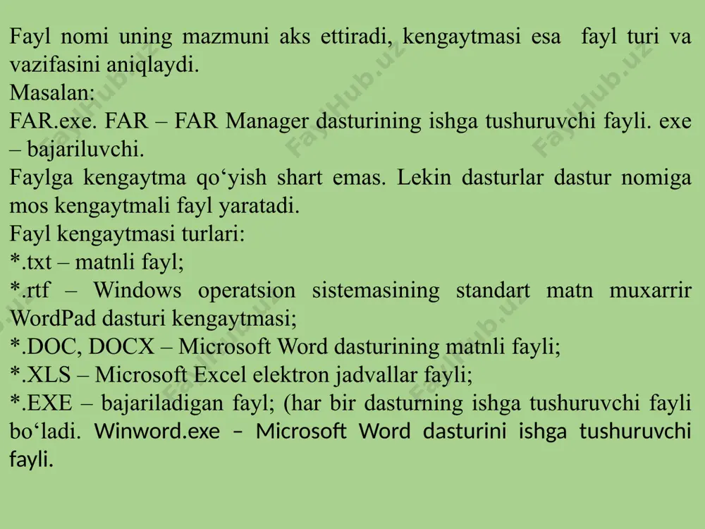 enyuda quyidagilarni bajaish mumkin: • ko'p foydalaniladigan ilovalarga kirish. • papka va fayllarni qidiish uchun «проводник» dasturini ochish. • internetga ulanish. • kompyuterni o'chirishning turli xil variantlarini ko'rib chiqish mumkin. qidiruv qatori vazifalar panelidagi "qidiruv oynasi" hujjat va fayllarni yoki internetdagi ma’lumotlarni qidirishga imkon beradi. windows 10 vazifalar paneli windows 10 ning vazifalar paneli ekranning pastki qismida joylashgan bo'lib, u foydalanuvchini bosh menyuga, tez-tez ishlatiladigan ilovalarning piktogrammalariga kirish imkonini beradi. vazifalar panelining o'ng qismida, foydalanuvchini internetga ulanish holati yoki noutbukning batareya quvvati to'g'risidagi bildirishnoma maydoni mavjud. ilovani vazifalar paneliga qo'shish: 1-qadam - bosh menyuda o'rnatilmoqchi bo'lgan dastur topiladi. 2-qadam – ilovaga sichqoncha o'ng tugmasi bosiladi. 3-qadam - menyuda " дополнительно" buyrug`i tanlanadi. 4-qadam - " закрепить на панели задач" buyrug`i tanlanadi. provodnik dasturi provodnik- bu windows operatsion tizimi tomonidan papkalar va fayllarni ko'rish uchun foydalaniladigan dastur. provodnikka kirish uchun vazifalar panelidagi papka belgisi bosiladi. provodnik oynasi quyidagi bo'limlardan iborat: • …