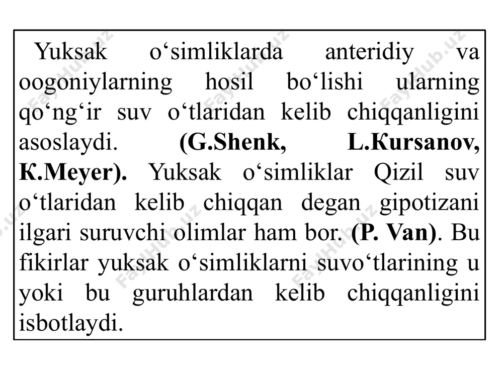 an boshlanadi. jinsiy nasl gametofit deb nomlanib, o‘zida sporofit naslni saqlash xususiyatiga ega. vegetativ ko‘payish vegetativ tananing biror bo‘lagi bilan amalga oshadi. кlassifikatsiyasi. moxsimonlar 3 ta sinfga bo‘linadi. 1. sinf jigar moxlari - hepaticae 2. sinf poya bargli moxlar - musci 3. sinf antoserotlar - anthocerotales. jigar moxlar sinfi. bu sinfni shunday nomlanishga sabab sinf vakillaridan biri morshansiya avlodi tallomidan xix asrda yevropada jigar kasalligini davolashda foydalanilgan. . jigar moxlar vakillari tanasi dorzoventral tuzilishda bo‘lib, tanasining usti ostiga o‘xshamaydi. tallomlari, shakllari plastinkasimon bo‘lib, poya va bargga bo‘linmagan. morshansiya ikki uyli o‘simlik bo‘lib, bir tallomida arxegoniy, ikkinchi tollomida esa anteridiy yetishadi. marshansiya jinsiy, jinssiz va vegetativ usullarda ko‘payadi, zax va soya yerlarda ya’ni o‘rmonlarda va ariq bo‘ylarida o‘sadi. barg poyali moxlar sinfi. asosan tanasining poya va bargga bo‘linganligi, rizoidlarining ko‘p hujayrali hamda sershox bo‘lishi bilan jigar moxlardan farq qiladi. 3 ta tartibga bo‘linadi. 1. yashil moxlar, 2. sfognum moxlar, 3. andera …