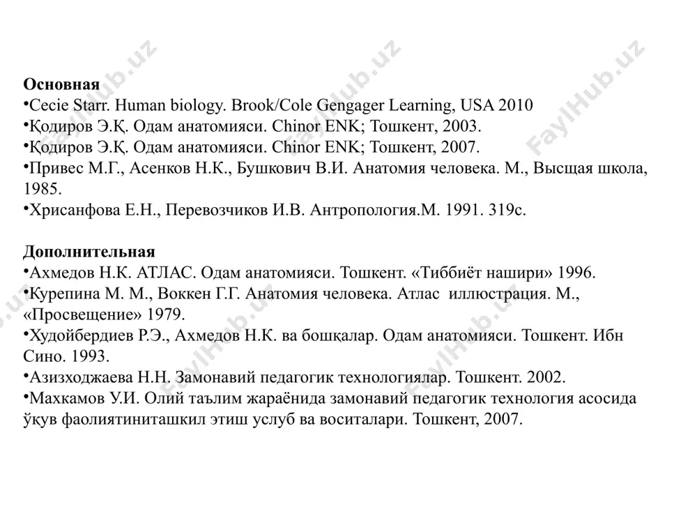i solishtirma anatomiya shug’ullanadi.  organizmning paydo bo’lishini, tug’ulguncha ona qornida o’sib, rivojlanib borishini embriologiya (embriogenez - embryon-murtak, kurtak) o’rganadi.  organizmning tug’ilgandan boshlab to hayotining ohirigacha bo’lgan davrni “yoshga doir” anatomiya o’rganadi.  odam organizmi a’zolarining tuzilishi ularni vazifalariga bog’liq holda shakllanib boradi. bu bog’liqliklarni o’rganish funksional anatomiya fanining vazifasidir. odam anatomiyasi fanining bo’limlari 4 1. antropometrik usulda gavdaning uzunligi, kengligi va og’irligi o’lchanadi, olingan ma’lumotlar organizmining yarim bo’laklariga taqqoslanib, o’sishi yoki o’zgarishi kuzatib boriladi. 2. kesib ochish yo’li bilan preparatlar (preparate) yasash usuli. 3. arralash usulini birinchi marta n.i. pirogov qo’llagan. u dastlab murdani qattiq muzlatib, so’ngra o’rganish kerak bo’lgan organizm bo’lagini qavatma-qavat qilib arralangan. bu usulda a’zolar topografiyasini aniqroq o’rganish mumkin. 4. inyeksiya usuli (injectio - lotincha quyaman) - ichi kovak a’zolarga, qon tomirlariga turli xil kimyoviy bo’yoqlar yuborib o’rganiladi. 5. yoritish, ravshanlashtirish usuli. buning uchun a’zoni birorta kislota yoki ishqorli suyuqlikka solib kuzatiladi. vaqt o’tishi bilan …