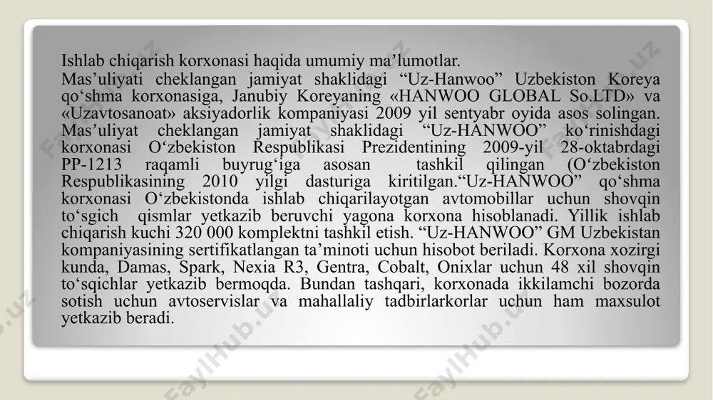 v tizimidagi uzilishlar — bu dastgohning to‘liq ishlamay qolishiga olib kelishi mumkin. asosiy sabablar – kontaktorlar kuyishi, sensorlarning ishlamasligi, dasturiy nosozliklar yoki kuchlanishning beqarorligi. ushbu muammoni bartaraf etish uchun elektr ta’minoti barqarorligi ta’minlanishi, dastgohga stabilizator o‘rnatilishi, boshqaruv paneli va barcha elektronik komponentlar muntazam diagnostikadan o‘tkazilishi kerak. 4. sovutish tizimi yoki yog‘lash tizimi nosozligi — press ishlaganda kuchli bosim va harorat hosil bo‘ladi. agar sovutish yoki yog‘lash tizimi to‘g‘ri ishlamasa, bu qizib ketishga va mexanik qismlarning shikastlanishiga olib keladi. yechim sifatida sovutish tizimidagi sirkulyatsiyani tekshirish, yog‘ darajasini kuzatib borish, nasoslar va klapanlarni rejalashtirilgan xizmatdan o‘tkazish zarur. 5. operator xavfsizligiga tahdid soluvchi holatlar — xavfsizlik sensori yoki favqulodda to‘xtatish tizimlarining ishdan chiqishi operator salomatligiga xavf tug‘diradi. bunday holatlarning oldini olish uchun xavfsizlik tizimlarini har kuni ish boshlanishidan oldin sinovdan o‘tkazish, zarurat bo‘lsa, zaxira tugmachalarni faollashtirish kerak. xulosa; xulosa qilib aytadigan bolsam, men bu bitiruv malakaviy amaliyotda uz-hanwoo qo‘shma korxonasidagi kdcp 200-dastgoxini elektr …