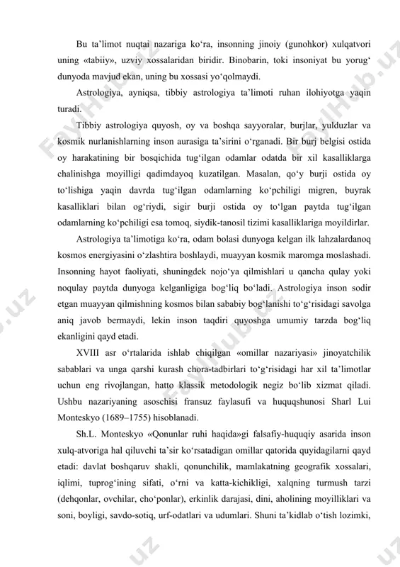 i ta’sir ko‘rsatadigan omillar qatorida quyidagilarni qayd etadi: davlat boshqaruv shakli, qonunchilik, mamlakatning geografik xossalari, iqlimi, tuprog‘ining sifati, o‘rni va katta-kichikligi, xalqning turmush tarzi (dehqonlar, ovchilar, cho‘ponlar), erkinlik darajasi, dini, aholining moyilliklari va soni, boyligi, savdo-sotiq, urf-odatlari va udumlari. shuni ta’kidlab o‘tish lozimki, monteskyoning ushbu nazariyasi keyinchalik kriminologiyada jinoyatchilikni tushuntirishda ikki yo‘nalish: geografik omillar va iqlim omilining roli vujudga kelishini belgilab berdi. ushbu ta’limotning yirik namoyandalaridan biri bo‘lgan ingliz huquqshunosi iyeremiya bentam (1748-1832) «ma’naviyat va qonunchilik asoslariga kirish» nomli asarida inson xulq-atvoriga va umuman jinoyatchilikka ta’sir etuvchi 32 omilni sanab o‘tdi. ular orasida quyidagilar bor: inson sog‘lig‘i, kuchi, quvvati, jisman nomukammallik, bilim miqdori va sifati, aqliy qobiliyatlar kuchi, o‘jarlik, moyilliklar, qiziqishlar, antipatiyaga moyillik, qiziqqonlik, ta’sirchanlik, simpatiyalar, pul bilan bog‘liq holatlar, simpatiya orqali aloqalar, antipatiya orqali aloqalar, tana tuzilishi, ruhiyat, jins, yosh, ijtimoiy holat, tarbiya, iqlim, kelib chiqish, boshqaruv shakli, din va hokazo. o‘zining eng muhim asari «deontologiya yoki axloq haqidagi …