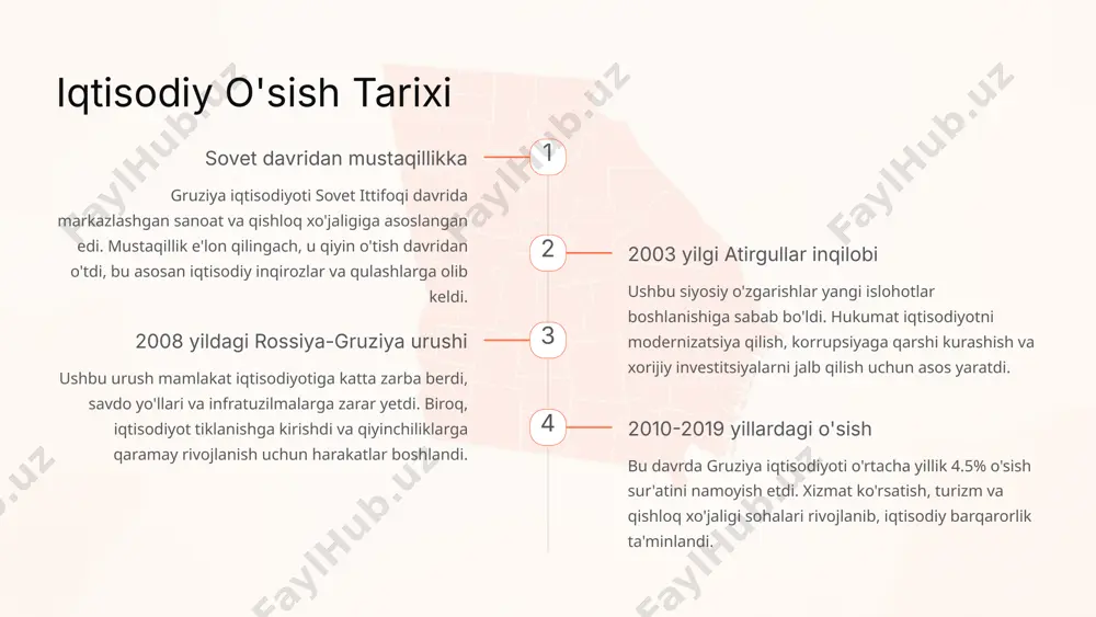 % ini tashkil etadi (2019). bu soha mamlakatning iqtisodiyotida muhim o'rin tutadi va minglab yangi ish o'rinlarini yaratadi. turizm infratuzilmasining rivojlanishi va mintaqaviy turistlar sonining ko'payishi sektorning barqaror o'sishiga yordam beradi. qishloq xo'jaligi yimning 8% ini tashkil qiladi (2022). gruziya uchun an'anaviy asosiy tarmoqlardan biri bo'lib, meva-sabzavot, vinochilik va paxta yetishtirish kabi sohalarni o'z ichiga oladi. qishloq xo'jaligi sektorida modernizatsiya va texnologik yangilanishlar mavjud, bu ishlab chiqarish hajmini oshirishga imkon beradi. transport va logistika muqobil tranzit yo'li sifatida ahamiyatli bo'lib, gruziya ko'pchilik eksport va import uchun strategik geografik joylashuvga ega. transport tarmoqlari orqali mintaqaviy savdo aloqalari kengayib, logistik xizmatlarining sifat va hajmi oshmoqda. yangi infratuzilma loyihalari va xalqaro miqyosdagi transport yo'nalishlarining rivoji rejalanmoqda. energetika asosan gidroenergetika salohiyatiga ega. gruziya energetika sektori qayta tiklanadigan energiya manbalariga katta e'tibor qaratadi va bu sohada yangi loyihalar amalga oshirilmoqda. elektr energiyasining eksporti iqtisodiyotga qo'shimcha daromad manbai hisoblanadi, shuningdek, energiya mustaqilligini ta'minlashga yordam beradi. 3 …