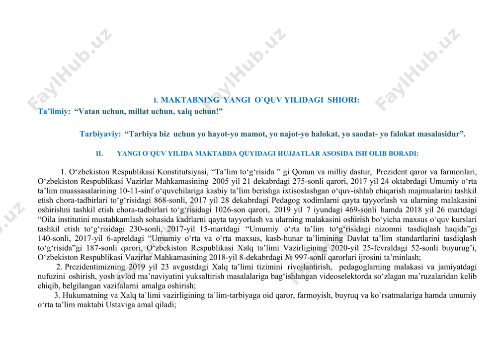 lan ishlash; · fan oyliklarini o`tkazish; · sport to‘garaklari va seksiya ishlarini jonlantirish, 5 ta tashabbus bo‘yicha o‘quvchilarning bo‘sh vaqtlarini mazmunli tashkil etishga erishish; · fan olimpiadalariga tayyorgarlik va o‘tkazishni yaxshi yo‘lga qo`yish; · “bilimlar bellashuvi”da barcha o‘quvchilarning faol qatnashishlarini ta`minlash; · ko‘rik-tanlovlarda faol ishtirok etish; · yosh o`qituvchilar bilan ishlash; · moddiy texnik bazani mustahkamlash; · oila, mahalla, ta`lim muassasasi jamoatchilik hamkorligini mustahkamlash; · maktabni xalq ta’limi vazirligining 67-sonli buyrug‘i asosida bezatish; · chegara qo‘shin zobitlari va askarlari bilan uchrashuvlar tashkil etish; · maktabni obodonlashtirish kabi vazifalarni izchil bajarib boradi; iii. maktabning tashkiliy-pedagogik ishlari № bajariladigan ishlar mazmuni bajarish muddati bajarish uchun mas’ul shaxs muhokama etish joyi bajarilgan-ligi haqida belgi 1 maktabning yillik ish rejasini ishlab chiqish. 25 avgustgacha direktor, o‘rinbosarlari, kasaba uyushma raisi pedagogik kengash 2 maktabda rahbarlar xodimlar o‘rtasida ish taqsimotini o‘tkazish. 5 sentyabr gacha direktor, ish yurituvchi direktor huzurida 3 sinf rahbarlarni tayinlash, jamoat ishlarini taqsimlash …