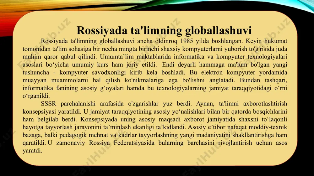 lobal daraja; · jahon hamjamiyatining zamonaviy sharoitda yangi global qadriyatlarni - umuminsoniy madaniyat qadriyatlarini shakllantirishga intilishi, ular orasida kuchli va boylarning kuchi emas, balki insonparvarlik, bag'rikenglik, vakillarga hurmat yetakchi bo'lishi kerak. boshqa madaniyatlar, millatlar, irqlar, dinlar, ular bilan hamkorlik qilish moyilligi, ekinlarni o'zaro urug'lantirishda; · g'arb sivilizatsiyasining insoniyatning iqtisodiy, ilmiy, texnik va siyosiy hayotidagi hukmron mavqei bilan bog'liq bo'lgan ma'naviy qadriyatlarning g'arbiylashishi (amerikalashuvi). 8 globallashuv – asrlar va hatto ming yillar davomida davom yetib kelayotgan butun dunyo taraqqiyotining yo‘nalishi [4]. yigirmanchi asrda bu jarayon ilmiy-texnikaviy inqilob tufayli yangi bosqichga ko'tarildi. ba'zi tadqiqotchilar “globallashuv” atamasini “xalqarolashuv” va “o'zaro bog'liqlik” tushunchalari bilan bog’liqlikda ifodalashadi. globallashuv xalqaro munosabatlarning yangi bosqichidir. ta’lim ham bundan chetda qolmaydi. bu nimani ifodalaydi? ta’limning globallashuvi deganda bir-biriga kirib boradigan va o'zaro bog'liq bo'lgan keng ko'lamli tuzilmalar va jarayonlar tushuniladi. boshqacha qilib aytganda, ular bitta butunlikni yaratadilar, unda har qanday mahalliy hodisa boshqa qismlarda sodir bo'layotgan voqealarga ta'sir qiladi. …