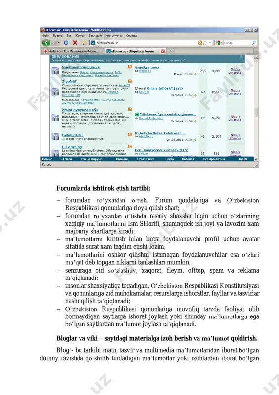 ism sharifi, shuningdek ish joyi va lavozim xam majburiy shartlarga kiradi; − ma’lumotlarni kiritish bilan birga foydalanuvchi profil uchun avatar sifatida surat xam taqdim etishi lozim; − ma’lumotlarini oshkor qilishni istamagan foydalanuvchilar esa o‘zlari ma’qul deb topgan niklarni tanlashlari mumkin; − senzuraga oid so‘zlashuv, xaqorat, fleym, offtop, spam va reklama ta’qiqlanadi; − insonlar shaxsiyatiga tegadigan, o‘zbekiston respublikasi konstitutsiyasi va qonunlariga zid muhokamalar, resurslarga ishoratlar, fayllar va tasvirlar nashr qilish ta’qiqlanadi; − o‘zbekiston ruspublikasi qonunlariga muvofiq tarzda faoliyat olib bormaydigan saytlarga ishorat joylash yoki shunday ma’lumotlarga ega bo‘lgan saytlardan ma’lumot joylash ta’qiqlanadi. bloglar va viki – saytdagi materialga izoh berish va ma’lumot qoldirish. blog - bu tarkibi matn, tasvir va multimedia ma’lumotlaridan iborat bo‘lgan doimiy ravishda qo‘shilib turiladigan ma’lumotlar yoki izohlardan iborat bo‘lgan sayt. bloglar odatda u yoki bu material veb sahifasi tarkibida mavjud bo‘lib, materialga berilgan izohlarni o‘zida mujassamlaydi. viki – bu saytning o‘zi tomonidan taqdim etiladigan uskunalar yordamida uning …