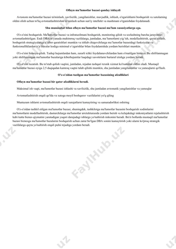 bo'lmagan ma'lumotlar bazalari xodimlarning unumdorligiga salbiy ta'sir ko'rsatishi va mijozlarni xafa qilishi mumkin. korxona uchun mavjud bo'lgan ma'lumotlarning miqdori va tezligi ortib bormoqda. bu ma'lumotlar xavfsizligini oshiradigan, ishlamay qolish vaqtini kamaytiradigan, ish faoliyatini yaxshilaydigan va inson xatolariga moyil bo'lmagan ma'lumotlar bazasini samarali va xavfsiz boshqarish zarurligini kuchaytiradi. oflayn ma'lumotlar bazasi ushbu maqsadlarga erishishi mumkin. ma'lumotlar bazalarida saqlanadigan ma'lumotlar turlari ma'lumotlar bazasini boshqarish tizimida saqlanadigan ma'lumotlar yuqori darajada tuzilgan (masalan, buxgalteriya yozuvlari yoki mijozlar ma'lumotlari) yoki tuzilmagan (masalan, raqamli tasvirlar yoki elektron jadvallar) bo'lishi mumkin. mijozlar va xodimlar korporativ dasturiy ta'minot, veb-saytlar yoki mobil ilovalar orqali bevosita yoki bilvosita ma'lumotlarga kirishlari mumkin. bundan tashqari, biznes razvedkasi, mijozlar bilan munosabatlarni boshqarish va ta'minot zanjiri ilovalari kabi ko'plab dasturiy ta'minot turlari ma'lumotlar bazalarida saqlanadigan ma'lumotlarga tayanadi. o'z ichiga olgan ma'lumotlar bazasining komponentlari ma'lumotlar bazasi ish yuklarining turlariga mos keladigan ikkita asosiy elementdan iborat. ma'lumotlar ombori biznes razvedkasi bilan bog'liq ko'plab funktsiyalarni bajaradi va …