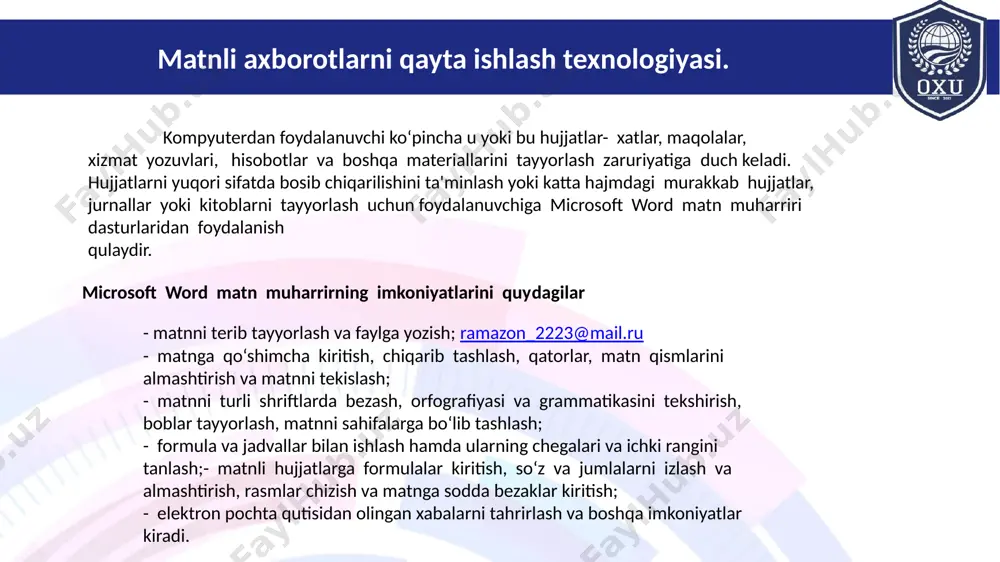 zlarga tegishli) shift + home yoki end - satr boshigacha yoki oxirigacha guruhga olish ctrl + shift home yoki end - dokument boshigacha yoki oxirigacha guruhga olish ctrl+end – sahifa oxiriga o‘tish, alt+f4 – darchani yopish, alt+tab – boshqa ochiq turgan dastur (fayl)ga o‘tish, win+r – ilovalarni ishga tushirish, win+d (yoki win+m) – hamma darchalarni yig‘ishtirish. win+shift+m – yig‘ishtirilgan darchalarni qayta ochish, win+e – «moy kompyuter» darchasini ochish, win+f – «nayti faylы i papki» («fayl va papkalarni topish») darchasini ochish, win+ctrl+f – «nayti kompьyuter» («kompyuterni topish») darchasini ochish, win+pause «svoystva sistemы» («tizim xususiyatlari») panelini ochish. ctrl + shift 9 - harflar va so‘zlarni kichraytirish ctrl + shift 1- harflar va so‘zlarni kattalashtirish brauzerlarda ishlatiladigan tugmalar: ctrl+w – sahifani yopish, ctrl+tab – keyingi sahifaga o‘tish, ctrl+t – yangi sahifa, ctrl+f – sahifa ichidan topish, microsoft word matn muharririning keng imkoniyatlaridan foydalanish. kompyuterda matnlarni tayyorlashda asosan uch guruh amallardan foydalaniladi: kiritish, muharrirlik …