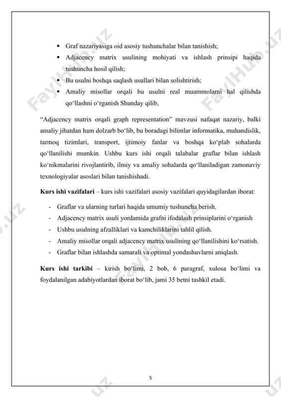 alar ketma-ketligi orqali o‘tish yo‘li. · cycle (tsikl) — boshlang‘ich tugunga qaytuvchi yo‘l mavjud bo‘lsa. graflar turlari. · graflar quyidagi turlarga bo‘linadi: · yo‘naltirilgan graf (directed graph): har bir qirra a -> b tarzida yo‘naltiriladi. · yo‘naltirilmagan graf (undirected graph): qirralar ikki yo‘nalishda harakatlanadi, a - b. · og‘irlikli graf (weighted graph): qirralar og‘irlikka ega, masalan a --(3)-- b. · oddiy graf: qirralar takrorlanmaydi, o‘z-o‘ziga bog‘lanish yo‘q. · kompleks graf: tugunlar orasida bir nechta qirra va o‘z-o‘ziga bog‘lanishlar mavjud. kod oynasi: oddiy graf yaratish (python) shiqarish natijasi. bu chiqishda graflar adjacency matrix orqali ifodalangan. 1 qiymati tugunlar orasida qirra mavjudligini bildiradi. · graflar amaliyotda · graflarning real hayotdagi qo‘llanilishiga misollar: · ijtimoiy tarmoqlar: facebook, instagramdagi do‘stlik aloqalari · transport tizimlari: shaharlar va ularni bog‘lovchi yo‘llar · veb sahifalar: saytlar va ular orasidagi havolalar · tibbiyot: dnkdagi genlar o‘rtasidagi munosabatlar kod oynasi: og‘irlikli graf (python) shiqarish natijasi. bu misolda graflar orasidagi …