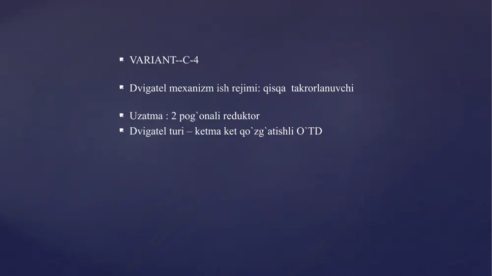 ini tabiiy va sun’iy mexanik xarakteristikalarini hisoblash va grafigini qurish tartibi. dvigatelning nominal fik aniqlanadi: ηh =ph103 / uhih=12*103 / 67*220=0.814 dvigatel yakorining qarshiligi topiladi: rя = 0,5 (1 - ηh) (uh/ih) = 0,5 (1 – 0.814) (220/67)=0.305 [ om ] salt ishlash burchak tezligi hisoblanadi: ω0 = ωhu / (u-ihrя) = 115,2*220 / (220-67*0.305) =127 [ rad/sek ] bu yerda: ωh = nh / 9,55 = 1100 / 9,55=115 [ rad/sek ] salt ishlash aylanish tezligi aniqlanadi: n0 = n0 *9,55 =9,55 * 127=1212 [ rad/sek ] nominal moment hisoblanadi: mh = =104,16 nm mustaqil(paralel) qo’zg’atishli o’tdni tabiiy va sun’iy mexanik xarakteristikalari. o’zgarmas tok dvigatelni teskari ulab tormozlash. tormozlash xarakteristikalarni hisoblash uchun mexanik xarakteristika tenglamasidan foydalanish mumkin. tormozlashdagi boshlangich tezlik ωt = ωo – mc(rя/c2) ωt =127– 94,86(0,305/1,732)=117,3 rad/sek bu erda, c =(uh – ih rя)/ωh= (220– 67*0.305)/115,8=1,73 tormozlash qarshiligi rt = rя + rd = (uh + c …