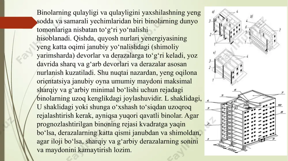 kerak, aks holda konditsioner yenergiyasi ko‘cha yoki yo‘lakni sovutishga sarflanadi; tozalash, uning iflosligi oshib ketmasligi zarur; 22-24 oc darajadan past bo‘lgan xonani sovutishsiz iloji boricha optimal haroratni saqlab turish rejimini sozlash kerak; konditsionerlarni o‘rnatish va ulardan foydalanish zaruriyati darajasini, shu jumladan yestetik nuqtai nazardan (tashqi uylardagi osma konditsionerlarning tashqi konditsionerlaridan) foydalanish imkoniyatini ko‘rib chiqish; xonaning germetikligi va issiqlik izolatsiyasini bajarish (kompressor (siqishli) konditsionerlar bilan sovutilganda). issiqlikni saqlash issiqlik yo‘qotilishini kamaytirish binolarni qurish va modernizatsiya qilishda izolyatsion materiallardan foydalanish. shaxarlarning markaziy qismida 150-300 mm li izolyatsiya issiqlikning samarali 50-60 % tejash imkonini beradi; past yemissiya tanlangan oynadan foydalanib, issiqlik tejamkor oyna konstruksiyalarini o‘rnatish. issiqlikning 10-20% ni tejash imkonini beradi; binoga kiraverishda tamburlarni o‘rnatish va izolyatsiyalangan kirish va balkon yeshiklaridan foydalanish; rekuperativ havosini issiqlik bilan tiklashni o‘rnatish. issiqlikning 20-30% tejash imkonini beradi; yuqori tezlikli havo-issiqlik pardalari sovuq havoning teshiklari orqali isitiladigan xonalarga kirishini oldini olish uchun ishlatiladi. issiqlik ta’minoti tizimlarining samaradorligini oshirish …