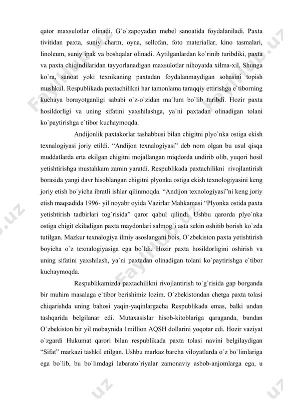 rkaz barcha viloyatlarda o`z bo`limlariga ega bo`lib, bu bo`limdagi labarato`riyalar zamonaviy asbob-anjomlarga ega, u labaratoyilarda malakali mutaxasislar ish olib borishmoqda. shunday qilib mamlakatimizda yetishtirilgan paxta sifati chetga chiqarishdan oldin bevosita o`zimizda aniqlanadi. respublikada paxtadan tashqari texnik ekinlardan kanop va jut ekiladi. bu ekinlar asosan, toshkent viloyatida yetishtiriladi. samarqand viloyatidagi urgut tumani yuqori sifatli tamaki yetishtirish bilan nom chiqargan. tamaki qishloq xo`jaligining eng serdaromad mahsulotlaridan biri hisoblanadi. republikaning deyarli barcha hududlarida g`alla ekinlari, asosan, bug`doy yetishtitiladi. ammo shu paytgacha mamlakatimizning g`allaga bo`lgan ehtiyojini qondirish uchun respublika ko`p miqdorda xorijiy mamlakatlardan g`alla olib kelishga majbur edi. endilikda samarali agrar siyosatni 1990 -yili mamlakatimizda 2 million tonnadan ortiqroq g`alla olingan bo`lsa, 2002 -yilga kelib bu raqam 5 million 400 ming tonnani tashkil etdi. o`zbekistonda sholichilik ham ma`lum o`rin egallaydi. sholi yetkazadigan asosiy hududlar qoraqalpog`iston respublikasi va xorazm viloyatlari. sholi mintaqalararo ahamiyatga ega. chorvachilikning asosiy tarmoqlarini joylashishi va rivojlanishi. mamlakatimizda chorvachilik, ayniqsa, uning asosiy …