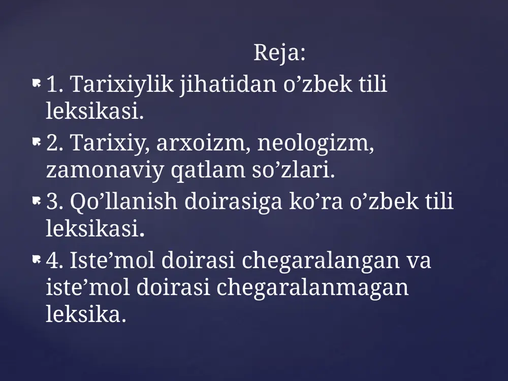 tor - ingliz va xalqaro so‘zlar: biznes, marketing, kompyuter, internet zamonaviy texnologiyalar va globalizatsiya tufayli til yanada boyib bormoqda. yangi o‘zlashmalar o‘zbek tilining lug‘at boyligi turli foydalanish sohalariga ko‘ra tasniflanadi: - adabiy til so‘zlari (umumiy foydalanishdagi so‘zlar) - sheva so‘zlari (hududiy dialektlar) - terminlar (ilmiy va texnik atamalar) - kasb-hunar leksikasi (ma’lum sohaga oid so‘zlar) qo‘llanish doirasiga ko‘ra leksika adabiy til – umumxalq tushunadigan, qoidaga asoslangan til. misollar: maktab, o‘quvchi, dars, kitob adabiy til rasmiy hujjatlar, ilmiy asarlar, ommaviy axborot vositalarida qo‘llaniladi. bu qatlam eng keng tarqalgan va tushunarli leksika hisoblanadi. adabiy til so‘zlari hududiy farqlarga ega bo‘lgan so‘zlar shevaga kiradi. - toshkent: jo‘ja (broyler), g‘ilay (ko‘zi qisiq) - xorazm: shira (sharbat), lo‘li (o‘ynoqi) shevalar adabiy tildan farq qiladi, lekin til rivojiga ta’sir ko‘rsatadi. sheva so‘zlari ilm-fan va texnika sohalarida ishlatiladigan so‘zlar terminlar deyiladi. - fizika: energiya, tezlik, kuchlanish - biologiya: hujayra, gen, mitoxondriya - tilshunoslik: fonema, morfema, sintaksis terminlar …
