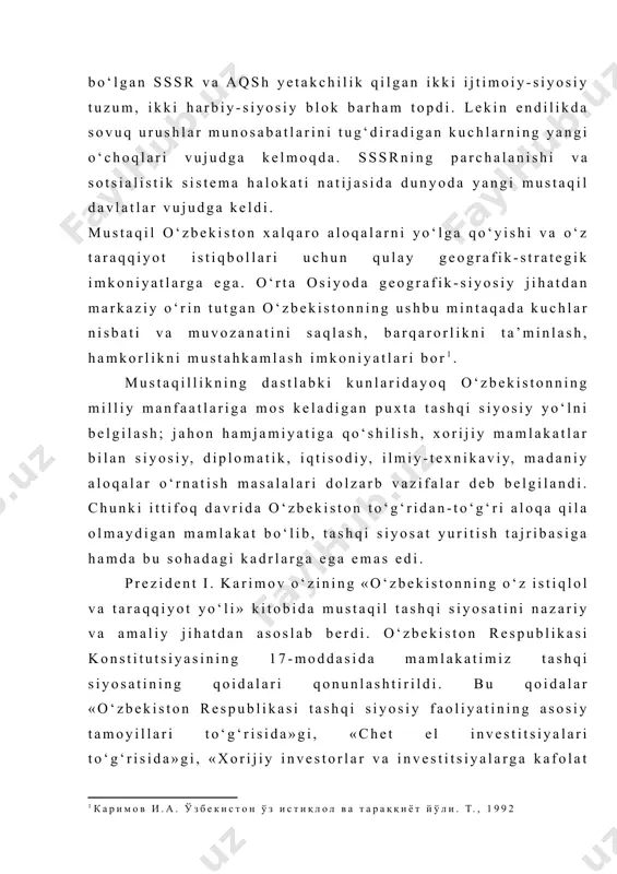 tashkiloti bosh assambleyasini 48 (1993) va 50-yubiley (1995) sessiyalaridagi nutqlarida mustaqil o‘zbekiston tashqi siyosatining bosh yo‘nalishlari belgilab berildi. o‘zbekiston hukumati respublika tashqi siyosatining asosiy tamoyillari quyidagilardan iborat: · mafkuraviy qarashlardan qat’iy nazar hamkorlik uchun ochiqlik, umuminsoniy qadriyatlarga, tinchlik va xavfsizlikni saqlashga sodiqlik; · davlatlarning suveren tengligi va chegaralar daxlsizligini hurmat qilish; · boshqa davlatlarning ichki ishlariga aralashmaslik; · nizolarni tinch yo‘l bilan hal qilish; · kuch ishlatmaslik va kuch bilan tahdid qilmaslik; · ichki milliy qonunlar va huquqiy normalardan xalqaro huquqning umum e’tirof etilgan qoidalari va normalarining ustuvorligi; · davlatning, xalqning oliy manfaatlari, farovonligi va xavfsizligini ta’minlash maqsadida ittifoqlar tuzish, hamdo‘stliklarga kirish va ulardan ajralib chiqish; · tajovuzkor harbiy bloklar va uyushmalarga kirmaslik; · davlatlararo aloqalarda teng huquqlik va o‘zaro manfaatdorlik, davlat milliy manfaatlarining ustunligi; · tashqi aloqalarni ham ikki tomonlama, ham ko‘p tomonlama kelishuvlar asosida rivojlantirish, bir davlat bilan yaqinlashish hisobiga boshqasidan uzoqlashmaslik. tashqi siyosatdagi ochiq-oydinlik, teng huquqlik, demokratik …