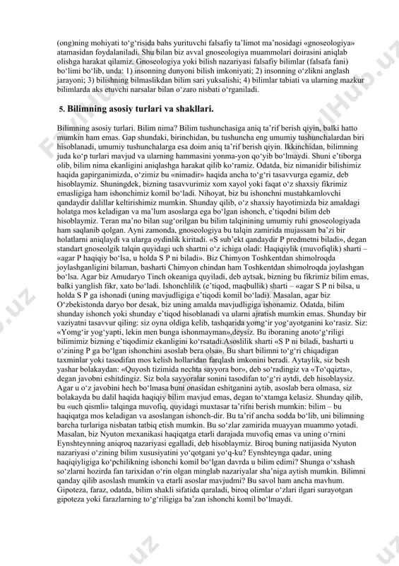 ar qanday shakli kabi manolarni anglatadi. metodologiya esa metod to‘g‘risidagi talimot bo‘lib, u nazariy bilimlar va amaliy faoliyat tamoyillarini, usullarini o‘rgatadi. u malum tizim to‘g‘risidagi talimotdir. har bir fan turli sohalar dunyoning u yoki bu tomonini o‘rganar ekan, uning o‘ziga xos tekshirish obekti mavjud. mana shunga muvofiq har bir soha o‘zining obektini o‘rganish uchun turli metodlar ishlab chiqadi va uning yordamida o‘sha o‘rganishni yaxshilaydi va takomillashtiradi. jumladan, tilshunoslikni o‘rganish metodi bilan, biiologiya metodi yoki matematikatini o‘rganish metodi bir- biridan farqlanadi. metod u yoki bu shaklda malum qoida, tartib, usul, harakat va bilim mezonlarining yig‘indisi hamdir. u tamoyillar va talablar tizimi bo‘lib, subektni aniq vazifani bajarishga, faoliyatning shu sohada malum natijalarga erishish sari yo‘naltiradi. u haqiqatni izlashda vaqt, kuchni tejaydi, maqsadga eng yaqin va oson yo‘l bilan etishishga yordam beradi. eng qadimgi va keng tarqalgan falsafiy metodlardan biri dialektika bo‘lsa, ikkinchisi metafizikadir. bulardan tashqari sofistika, eklektika, analitik, intiutiv, fenomenologik, sinergetik, germenevtik …