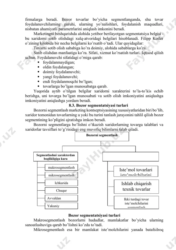 jtimoiy sotsiologiya va psihologiya sohalarida bevosita tadqiqotlar olib borish yo’li bilan maxsus hisob-kitob ishlarini amalga oshirish talab etiladi. xaridorlarning munosabatini tabaqalashtiradigan asosiy omil daromad hisoblanadi. ko’pgina mamlakatlarda daromad bo’yicha uch guruhga segmentlashdan keng foydalaniladi. birinchi guruh, eng yuqori daromadga ega bo’lgan xaridorlar, amalda ular jami xaridorlarning 10 % ini tashkil etadi. ular eng oliy navli tovarlarni xarid etadilar, xarid quvvati hamda o’z guruhi izzat nafsi bunga imkon beradi. bunday guruhlar har bir mamlakatda bor, ularning daromad miqdori shu mamlakatning umumiy boyligiga bog’liq bo’ladi. ikkinchi guruh - har bir mamlakatdagi o’rtacha daromad egalaridir,ularning soni juda ko’p, garchi bu guruh ichida yana o’ziga xos tabaqalanish bo’lsa-da, umuman olganda shu mamlakatda bozorning umumiy standartini belgilaydigan, yalpi tovarlarning asosiy xaridorlari shular hisoblanadi. uchinchi guruh - bir shaxs hisobiga eng kam daromad oladigan xaridorlardan iborat. ular aksariyat hollarda ijtimoiy ta’minotning turli ko’rinishlaridan foydalanadilar, o’z daromadlarining 80 % iga yaqinini asosiy yextiyojlarni qondirishga sarflaydilar. bozorni segmentlarga …