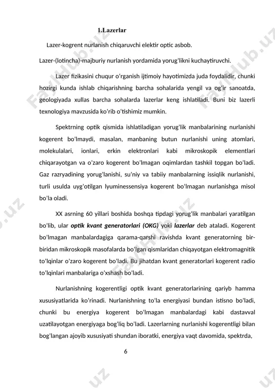 fizikasining rivojlanishida radiofizikanig bo’limi bo’lgan radiospektroskopiya muhim omil bo’ldi. uning keskin rivojlanishi 1940-yillardan boshlanib, ilmiy izlanishlar yo’nalishi atom va molekula spektroskopiyasidan tashqari vaqt va chastotaning, ya’ni o’ta yuqori chastota (o’yuch) standartlarini yaratilishga bag’ishlangan edi. bu ilmiy izlanishlar natijasida 1950-yillarning boshlarida bir-birlaridan mustaqil ravishda n.g.basov, a.m.proxorov (fian, rossiya) va ch.tauns (aqsh, kolumbiya universiteti) tomonidan majburiy nurlanish g’oyalaridan amalda foydalanib, ammiak molekulasida ishlovchi molekulyar kuchaytirgich va generator (mazer) yaratildi . mazer (maser - microwave amplification by stimulated emission of radiation) - ingliz so’zlaridagi bosh harflardan tashkil topgan va mazmuni mikroto’lqinni majburiy nurlanish hisobiga kuchaytirishdir. shu ishlari uchun ular 1964-yili nobel mukofotining sovrindori bo’lishdi. kvant elektronikasining rivojlanishi elektromagnit to’lqinning yangi, infraqizil va ko’zga ko’rinuvchi sohalarida kogerent nurlanish olishga yo’naltirildi. dunyoning ko’p ilmiy laboatoriyalarida lazerlar yaratish ustida ish boshlab yuborildi. bu ishlarning rivojlanishida a.m. proxorovning kvant qurilmalarida ochiq optik rezanotor sifatida fabri-pero ( etaloni) interferometrini qo’llash g’oyasi hal qiluvchi omil bo’ldi. birinchi gazli lazer …