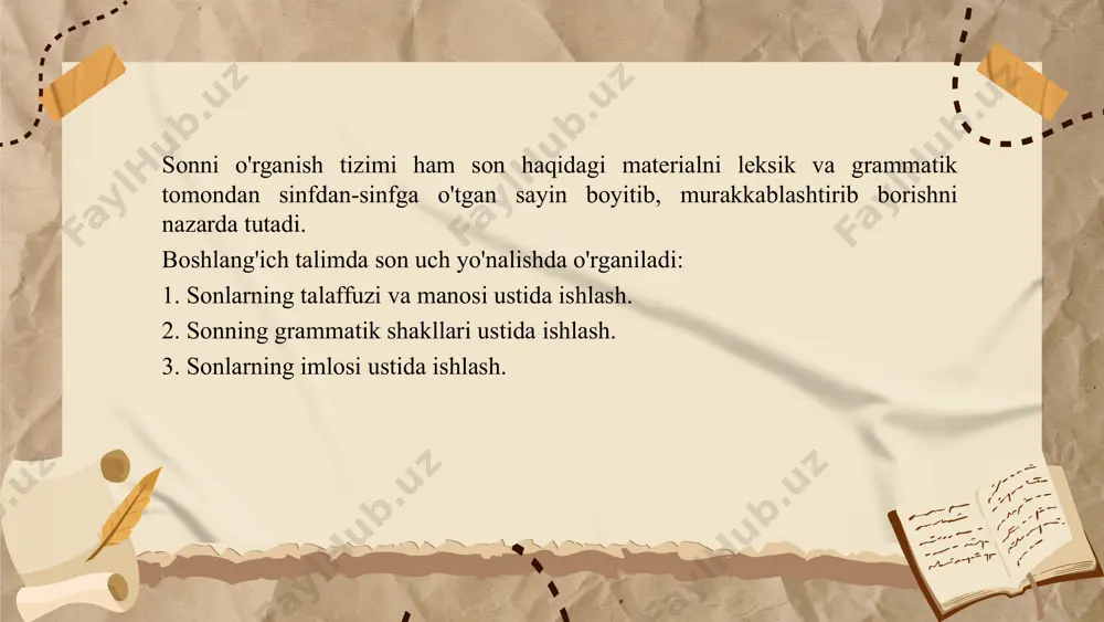 shga qaratiladi, keyingi mashqlar esa fikrni va izlanishni talab etadi. mashqlar muayyan izchillikda bir tizimni tashkil etishi lozim: 1. ajratib ko'rsatilgan so'zlarga nechta?, qancha? so'roqlaridan birini bering, shu so'z nimani bildirayotganini ayting. 2. ajratib ko'rsatilgan so'zga so'roq bering, nimani bildirishini ayting. 3. sanoq (yoki tartib) bildirgan so'zlarni nechta?, qancha? (nechanchi?) so'roqlari yordamida aniqlang. 3-bosqichda (3-sinf) "son" tushunchasini shakllantirish hamda o'quvchilar nutqini yangi sonlar bilan boyitib borish, fikrini aniq ifodalash uchun gap va matn mazmuniga mos sonlar tanlash, ularni o'rinli qo'llash ko'nikmasi o'stiriladi. "son" tushunchasini shakllantirish o'quvchilarning shaxs va narsalarning sanog'ini, tartibini bildirgan so'zlar kategoriyalarini o'zlashtirish sifatiga bog'liq. o'quvchilar bilimini yetarli darajaga keltirish maqsadida sonlar ishtirok etgan gaplar asosida kuzatish, aniqlash, guruhlash va umumlashtirish faoliyati ishga solinadi. masalan: "maorifat xonasiga o'quvchilar keldilar. ikkita o'quvchi 2-sinfda o'qiydi. 4 ta o'quvchi 3-sinfda o'qiydi". o'quvchilar o'qituvchining topshirig'i asosida ikkita (nechta?), to'rtta (nechta?) so'zlari sanoq, ikkinchi, uchinchi (nechanchi?) so'zlari tartib. bildirayotganini aniqlaydilar va ularni guruhlaydilar …