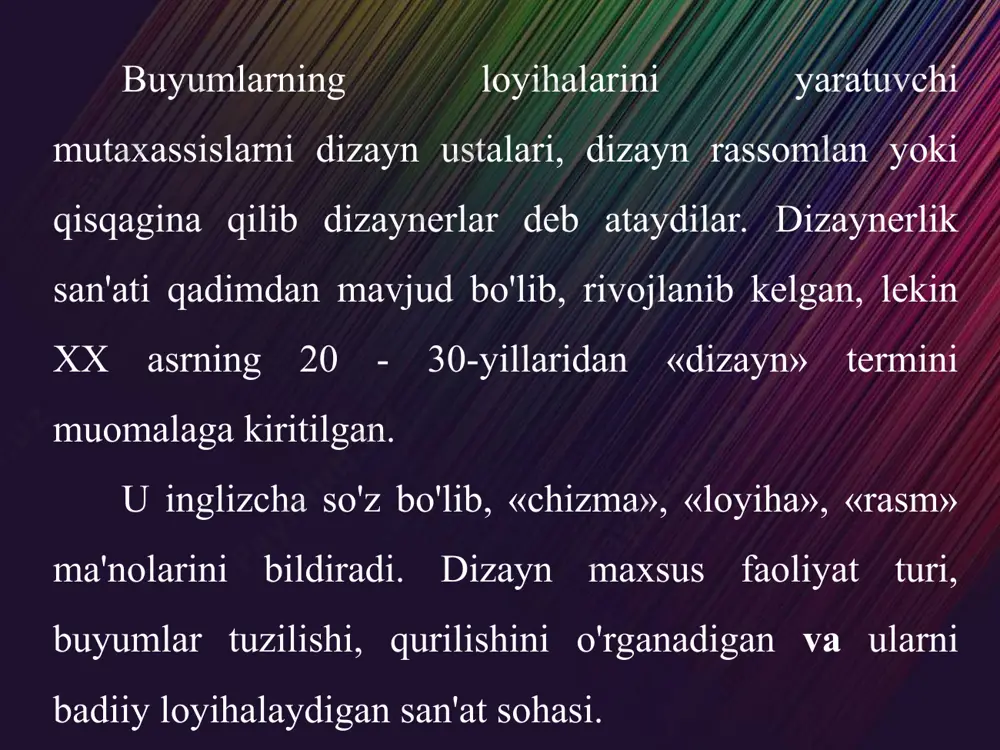 yo'nalishlarda bo'ladi. me'morchilikda, ayniqsa, uning imkoniyatlan har tomonlama namoyon bo'ladi: inter'yer dizayni, ekster'yer dizayni, landshaft dizayni kabilardir. mamlakatimizda dastgohlar, transport vositalari, maishiy buyumlarga bo'lgan talab va istaklami ilmiy asosda o'rganish masalasi 1960-yillardan boshlangan. yirik korxonalar qoshida loyihachi guruhlar ochildi, maxsus loyiha institutlari ishga tushirildi. mustaqillikka erishgandan keyin respublikamizda ham dizaynerlar maxsus oliy va o'rta maxsus o'quv yurtlarida tayyorlana boshlandi. bugungi kunda respublikamizda dizayn san'ati o'zining yangi taraqqiyotini boshidan kechirmoqda. mamlakatimiz dunyoga tayyor sanoat mahsulotlari bilan chiqayotgan davlatga aylanib bormoqda. yangi-yangi mashinalar, dastgohlar va boshqa sanoat mollarining jahon bozorlariga chiqa boshlagani shuning dalilidir, chunki dizayn yutug'i taraqqiyot ramzi, zamon ko'zgusidir. dizayn san'ati haqida ma'lumotga ega bo'lgach, amaliy ijodiy faoliyatga kirishishingiz mumkin. qiziqishingizga libos dizayni hamda avtomobil dizayni bo'yicha ishlash taklif etiladi. 39-a rasm. guldasta elementli libos dizayni. 39-b rasm. kapalak elementli libos dizayni. xonani dizayn san'ati talabi asosida jihozlash, bu mashqqa o'tishdan awal asosiy g'oyani, nimaga mo'ljallanganligini aniqlab olishdan boshlanadi. masalan, …
