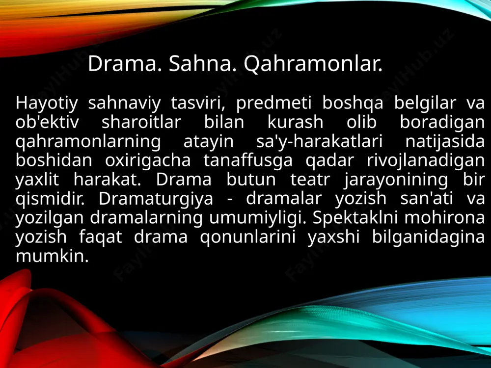 ko'p, bu esa boshqa printsiplar bo'yicha baholash zarurligi g'oyasini bildirishimizga imkon beradi.dramatik san'at qadimgi davrlarda paydo bo'lgan. allaqachon keyin ikkita asosiy dramatik janr paydo bo'ldi:fojia va komediya. bu janrlar haqida quyida ma'lumot beramiz. fojia - bu fojea g'oyasi bilan dramaning eng yuqori turi dahshatli, g'amgin voqea, o'limga olib keladigan g'oyadir.fojiadagi asosiy to'qnashuv shu edi: vijdon va qahramon ruhi oʻrtasidagi toʻqnashuv. an'anaga ko'ra, fojianing maqsadi tomoshabinlar uchun "zavq uyg'otadigan og'riqdir. fojia ko'pincha ma'lum bir narsaga ishora qiladi an'ana tarixiy jihatdan o'z-o'zini aniqlashda noyob va muhim rol o'ynagan. ushbu an'ana ko'p va to'xtovsiz bo'lib kelgan, ammo bu atama ko'pincha kuchli ta'sirni yaratish uchun ishlatilgan. fojia-mojaro. fojialar kuchli belgilar va ehtiroslarning keskin kurashiga xosdir, bu belgilar uchun fojiali (qoida tariqasida, o'lim sifatida). fojia mojarosi odatda juda chuqur, universal ahamiyatga ega va ramziy bo'lishi mumkin. bosh qahramon, qoida tariqasida, chuqur ,shu jumladan umidsizlik, azob chekadi, taqdiri baxtsizdir.fojia matni ko'pincha achinarli tuyuladi. masalan, "romeo va …