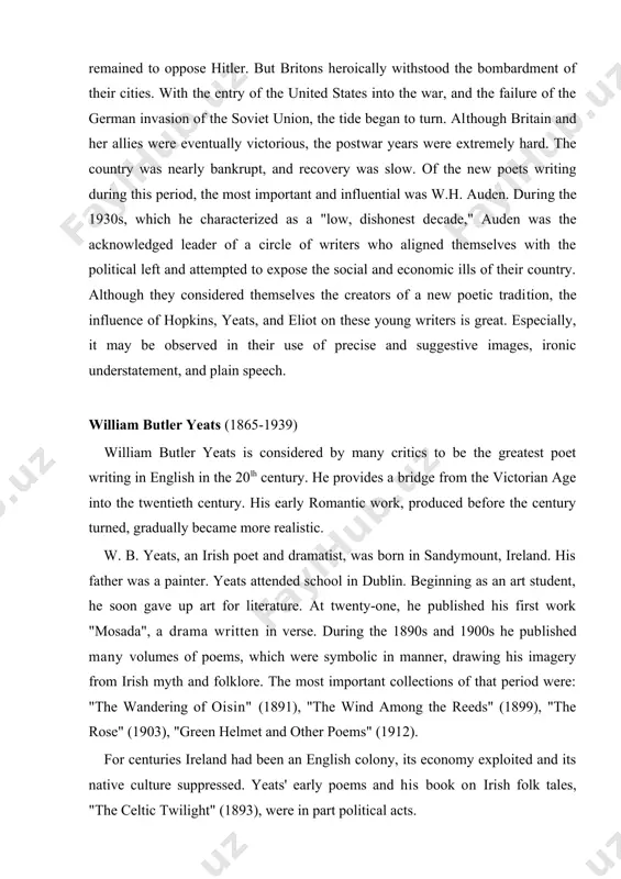 , drawing his imagery from irish myth and folklore. the most important collections of that period were: "the wandering of oisin" (1891), "the wind among the reeds" (1899), "the rose" (1903), "green helmet and other poems" (1912). for centuries ireland had been an english colony, its economy exploited and its native culture suppressed. yeats' early poems and his book on irish folk tales, "the celtic twilight" (1893), were in part political acts. w.b. yeats contributed a great deal to the irish national the​atre. writing for the'stage impressed yeats with the importance of precise, spare language. his best known plays are "the countess cathleen" (1892), "deirdre"(1907). the latter derived from celtic mythology. during the 1920s yeats became more prominent in both policy and literature. he became a senator in the irish free state in 1922 and in 1923 received the noble prize for literature. in 1925 yeats published his major philosophical …
