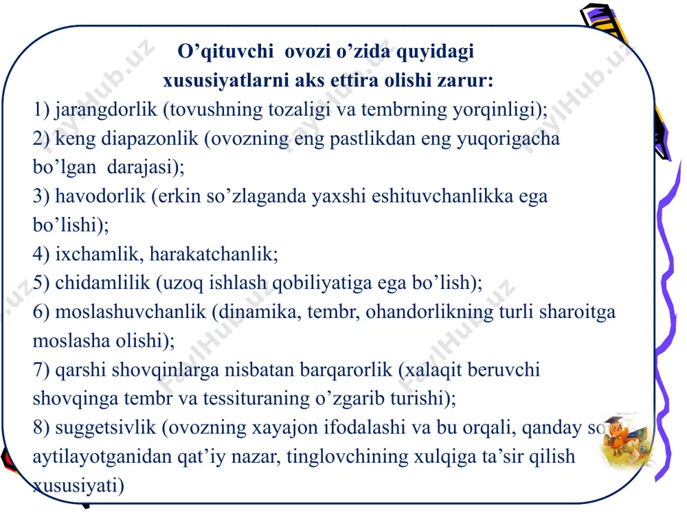 kam. ovoz paylari shovqin va tonlarni farqlaydi. 2. rezonator tizimi – bunda tomoq, halqum, burun bo‘shlig`i, og`iz bo‘shlig`i qatnashadi va ular ovozning kuchini (statikasini) va dinamikasini ta’minlaydi. 3. energetika tizimi - o‘pkadan kelayotgan kuchli nafasning miqdori va tezligini ta’minlaydi. 14 e’tiboringiz uchun rahmat! image1.jpeg image2.jpeg image3.jpeg image4.jpeg /docprops/thumbnail.jpeg