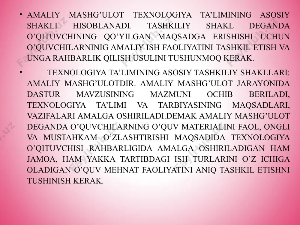 ng talablariga muvofiq kelishi zarur. 4. mashg’ulotlarida foydalanadigan mehnat ta’limi metodlari dars talablariga va o’quv materiallarining mazmuniga to’liq javob berishi lozim. 5. o’quv ustaxonalaridagi mashg’ulotlarinig tashkiliy metodik tu- zilishi o’quvchilar bilan jamoa tarzida va yakka tartibda olib borishini nazarda tutishi kerak. 6. texnologiya bo’yicha amaliy mashg’ulotlarida o’tkaziladigan ta’lim ishlari tarbiyaviy ahamiyatga ega bo’lishi, ya’ni maktab o’quvchilarida ma’naviy sifatlarni tarkib toptirishga yordam berishi lozim. amaliy mashg’ulot turlarining xilma-xilligina qaramasdan, o’quvchilarni navbatdagi mashg’ulot mavzusini o’zlashtirish uchun jalb qilishga qaratilgan mashg’ulotlarni tashkil etish; o’quvchilar mashg’ulotda o’zlashtirgan bilimlari, mehnat ko’nikmalari va malakalari darajasini tekshirish; yangi mavzu materialini tushuntirish va amaliy ishlarni bajarish vaqtida ish bosqichlarini ko’rsatib berish; o’quvchilarning yangi mavzusiga oid amaliy ishlarni bajarish vaqtida ularning bilimini, amaliy ish darajasini aniqlash, ish natijalarini mashqlar bilan mustahkamlash, o’quvchilar ishini nazorat qilish va ularni o’z-o’zini nazorat qilishiga erishish, amaliy topshiriqning mustaqil bajarishlarii va o’tgan mashg’ulotning natijalariga yakun yasashdan iborat. amaliy mashg’ulotning qat’iy izchilligi va fanlarni o’zaro …