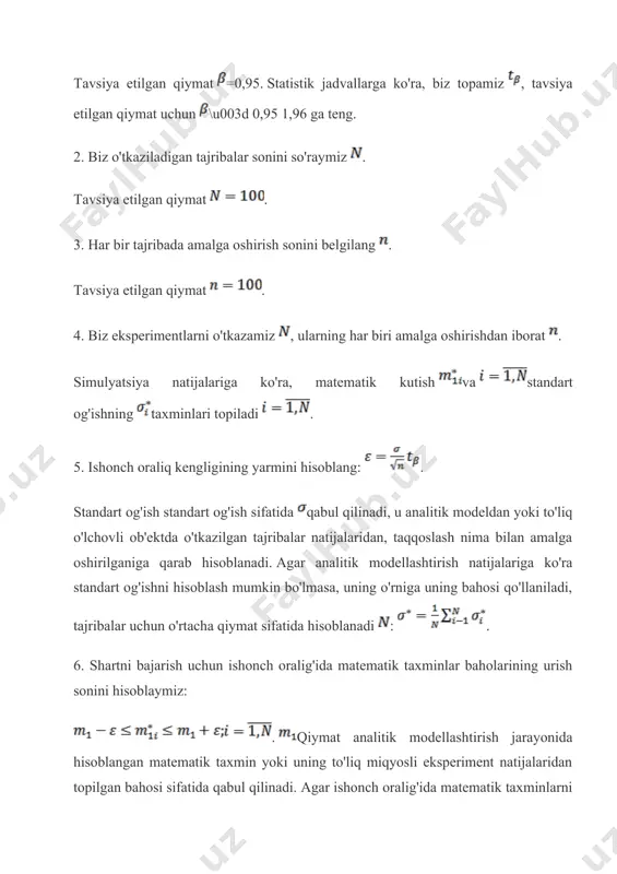 usullari asosida samarali yechimlarni yaratish imkonini beradi. regressiya tahlili eng kichik kvadratlar usuliga asoslangan bo'lib, u taxminiy bog'liqlikdan hisoblangan eksperimental qiymatlarning kvadratik og'ishlarining yig'indisi minimal bo'lishini talab qiladi: agar o'zgaruvchilarning ba'zilari miqdoriy, ba'zilari esa sifatli bo'lsa, u holda korrelyatsiya tahlilidan foydalanish tavsiya etiladi. korrelyatsiya - tasodifiy o'zgaruvchilarning o'zaro bog'liqligi. tasodifiy o'zgaruvchilar o'rtasidagi munosabatlarni baholash uchun miqdoriy o'lchov sifatida chiziqli korrelyatsiya koeffitsienti qo'llaniladi. agar formula bo'yicha hisoblangan chiziqli korrelyatsiya koeffitsientining qiymati mutlaq qiymatda 0,8 dan kam bo'lmasa, u holda biz o'zgaruvchilar o'rtasida chiziqli munosabatni kutishimiz va regressiya tenglamalariga omillarning o'zini birinchi darajaga kiritishimiz mumkin. agar u kritik qiymatdan 0,8 gacha bo'lgan oraliqda bo'lsa, regressiya tenglamalariga omillarning nisbatan sodda funktsiyalarini kiritish tavsiya etiladi. agar u kritik qiymatdan past bo'lsa, unda bunday omillarni regressiya tenglamalariga kiritmaslik tavsiya etiladi. eksperimental taqsimotlarni statistik usuli agar barcha tasodifiy qiymatlar bir xil ehtimolga ega bo'lsa, dastlabki momentlarni hisoblash uchun quyidagi formulalar qo'llaniladi : - moment tartibi tasodifiy …
