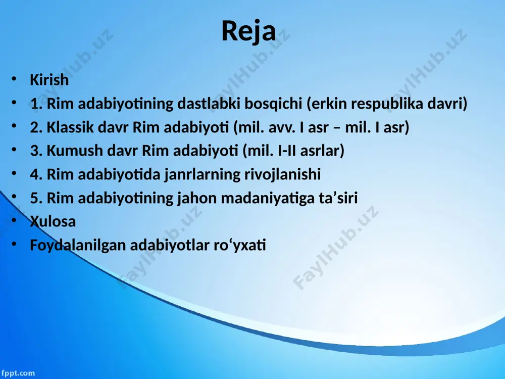 o‘zining badiiy mukammalligi, falsafiy chuqurligi va estetik boyligi bilan ajralib turadi. bu davrda tsitseron, yuliy sezar, vergiliy, goratsiy va ovidiy kabi ulkan adabiy shaxslar faoliyat yuritdilar, ularning asarlari nafaqat rim adabiyotidagi eng muhim yutuqlarni belgilab berdi, balki keyingi asrlardagi yevropa adabiyotiga chuqur ta’sir ko‘rsatdi. rim adabiyotining dastlabki bosqichi (erkin respublika davri) rim adabiyotining dastlabki bosqichi miloddan avvalgi iii asrdan ii asrgacha bo‘lgan davrni qamrab oladi. bu davrda rim o‘zining mustaqil adabiy an’analarini shakllantirishga kirishdi, ammo bu jarayon yunon adabiyotidagi kuchli ta’sir ostida kechdi. rim jamiyati o‘sha paytda harbiy va siyosiy jihatdan kengayib borayotgan bo‘lsa-da, madaniy va adabiy sohada yunon dunyosiga tayanardi. yunon adabiyoti, xususan, gomer, sofokl va evripid kabi mualliflarning asarlari rim adabiyotchilariga nafaqat ilhom, balki adabiy shakl va janrlarning asosiy namunalarini taqdim etdi. seneka va uning falsafiy tragediyalari lyutsiy annei seneka (miloddan avvalgi 4 – milodning 65-yillari) kumush davrning eng muhim adabiy va falsafiy shaxslaridan biri bo‘lib, stoitsizm falsafasini …