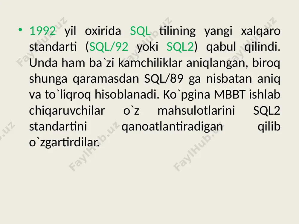 arni aniqlash operatorlari ddl (ma`lumotlarni aniqlash tili) operator ma`nosi amal create table jadval yaratish mb da yangi jadval yaratish drop table jadvalni o`chirish mb dan jadvalni o`chirish alter table jadvalni o`zgartirish mavjud jadval tuzilmasini o`zgartirish yoki joriy jadval uchun o`rnatilgan butunlik cheklanishlarini o`zgartirish create view tasvir yaratish biror sql –so`roviga mos virtual jadvalni yaratish sql operatorlarini yozish 2 jadval. ma`lumotlarni boshqarish operatorlari dcl (data control language) – ma`lumotlarni boshqarish tili operator ma`nosi amal alter database mb ni o`zgartirish butun mb ga tegishli bo`lgan ob`ektlar va cheklanishlar to`plamini o`zgartirish alter dbarea mb saqlash sohasin o`zgartirish avval yaratilgan saqlash sohasini o`zgartirish alter password parolni o`zgartirish butun mb parolini o`zgartirish create database mb yaratish barcha parametrlarini ko`rsatgan holda yangi mb ni yaratish create dbarea saqlash sohasini yaratish yangi saqlash sohasini yaratish va unda ma`lumotlarni joylashtirishga ruxsat etish sql operatorlarini yozish 2 jadval. ma`lumotlarni boshqarish operatorlari dcl (data control language) – ma`lumotlarni boshqarish tili …