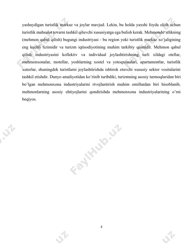 shaxsiy motivatsion omillar. tashqi omillar - bu tashqi muhitdan sanoatga ta'sir qiladigan eng umumiy tabiat kuchlari bo‘lib, ular amalda sanoat nazorati ostida yoki ta'siri yo‘q. masalan, iste'molchilar farovonligining o‘sishi, dam olish uchun to‘lanadigan vaqtning o‘sishi, transport va aloqa vositalarining kuchli rivojlanishi, yangi kompyuter texnologiyalari paydo bo‘lishi - bularning barchasi mehmondo‘st sanoatni rivojlantirishga ta'sir qiladi, buning uchun yangi imkoniyatlar ochadi. o‘z navbatida tashqi omillar ikkita kichik guruhni o‘z ichiga oladi: · umumiy; · tabiiy ob'yektlar, sayohlarni, tarixiy va madaniy yodgorliklarning holati va · darajasi; · sanoat korxonalari o‘rtasida raqobatning darajasi va xususiyatlari. umumiy tashqi omillar universal bo‘lib, turistik va turar joy sanoatining barcha tarmoqlari va pastki qismlarining rivojlanish istiqbollariga ta'sir qiladi. bunga quyidagilar kiradi: · iqtisodiy rivojlanishning barqarorligi; · ijtimoiy-demografik rivojlanish sur'ati; · ilmiy va texnologik rivojlanish va innovatsiyalarning sur'ati; · siyosiy barqarorlik darajasi; · investitsiya muhitining holati; · atrof-muhit va ekologiya; · xavfsizlik darajasi; · tadbirkorlik faoliyatini rivojlantirish; · davlat …