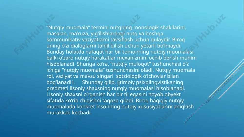 chun lisoniy shaxsni tadqiq etish, avvalo, insonlar nutqiy muomalasini turlarga ajratish, tasniflashni taqozo qiladi. ijtimoiy psixolingvistikaning vazifalari quyidagilardan iborat: 1. lisoniy shaxs turlarini aniqlash. 2. lisoniy shaxsni jinsi, yoshi, ijtimoiy maqomi, intellekti va h.k. omillardan kelib chiqqan holda tavsiflab berish. 3. lisoniy shaxsni muayyan madaniy muhitda o‘rganish. 4. turli madaniyat vakillari nutqiy muomalasidagi farqlarni tadqiq etish. olamning manzarasi (lisoniy ham) tushunchasi insonning olam haqidagi tasavvurlarini o‘rganish asosida yaratiladi. olam – o‘zaro munosabatdagi inson va muhit bo‘lsa, olam manzarasi – inson va muhit haqidagi ma’lumotni qayta ishlash natijasidir. agar olamning obrazi bo‘linmaydigan yaxlit butunlikni namoyon qilsa, olamning manzarasi dunyo haqidagi turli darajadagi bilimlar majmuyini va uning obyektlariga bo‘lgan munosabatni namoyon qiladi. olamning obrazini to‘g‘ridanto‘g‘ri reflekslar vositasida anglab bo‘lmaydi, uni faqat o‘ziga xos obrazlarni “o‘z boshidan kechirish” orqaligina tushunish mumkin. olam manzarasini “odatdagi” bilish orqali anglab bo‘lmasa-da, uni verbal va obrazli aks ettirish, ifodalash mumkin. a.k.kamenskiy olamning lisoniy manzarasini “mantiqiy (konseptual) va …