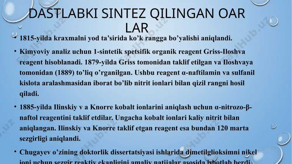 slota-asosli indikatorlar. kuchsiz asos yoki kuchsiz kislota bo’lib sistemadagi h+ yoki oh- ionlari ta’sirida bir formadan ikkinchisiga o’tadi. oksidlanish-qaytarilish indikatorlari. ma’lum redoks-poptensial qiymatida bir tautomer holatdan ikkinchisiga o’tadi. bunda oar oksidlanadi (qaytariladi) va bu rang o’zgarishi bilan sodir bo’ladi kompleksonometrik (metalloindikatorlar) indikatorlar metell ioni bilan hosil qilgan kompleksining barqarorligi metiloranj indikatoriningtautomer o’tish holati. metiloranjning suvli eritmasi to’q sariq rang bo’lib, muhit ph qiymati 3,1 dan kichik bo’lganda och qizil rangli xinoid strukturaga o’tadi, ph>4,4 bo’lganda esa sariq rangli azo-formaga o’tadi difenilaminning oksidlanishi e°=+0,76 da rangsiz difenilamin to’q ko’k ranglidifenilbenzidinga qadar oksidlanadi. kislotali sharoitda oksidlovchilar no2-; no3-; cro42-; fe3+ difenilaminni difenilbenzidin difenildifenoxinondiimin thank you for your attantion image3.png image4.png image5.emf image6.emf image7.emf image8.emf image9.emf image2.png image1.png c c h 3 c h 3 c n n oh oh ni 2+ c c h 3 c h 3 c n n oh ni c c ch 3 ch 3 n n oh …