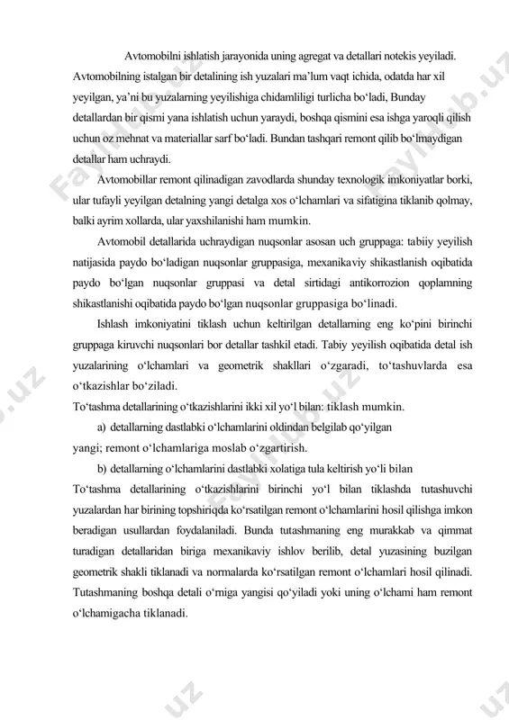 о‘tashma detallarining о‘tkazishlarini birinchi yо‘l bilan tiklashda tutashuvchi yuzalardan har birining topshiriqda kо‘rsatilgan remont о‘lchamlarini hosil qilishga imkon beradigan usullardan foydalaniladi. bunda tutashmaning eng murakkab va qimmat turadigan detallaridan biriga mexanikaviy ishlov berilib, detal yuzasining buzilgan geometrik shakli tiklanadi va normalarda kо‘rsatilgan remont о‘lchamlari hosil qilinadi. tutashmaning boshqa detali о‘rniga yangisi qо‘yiladi yoki uning о‘lchami ham remont о‘lchamigacha tiklanadi. о‘tkazishni tiklashning ikkinchi usuli detallarning dastlabki о‘lchamlarini batamom tiklash usuli detallarning yeyilgan yuzalariga turli usullarda metal yoki plastmassa qoplashga asoslangan. detallarni mexanik ishlov berib tiklash detalni remont о‘lchamiga moslab tiklash ancha keng tarqalgan usuldir. uning mohiyati asosiy, ancha murakkab detalga ixtiyoriy о‘lchamgacha emas, balki normal о‘lchamdan farqlanuvchi oldindan belgilangan о‘lchamgacha mexanik ishlov berishdan iborat. ikkinchi tutashtiriluvchi detal yangi detal qо‘yimlarini saqlagan holda shu о‘lchamga muvofiq tayyorlanadi. remont о‘lchamlari oldindan belgilanganligi va ma’lumligi sababli ikkinchi detalni birinchi detalga bog‘liq bо‘lmagan holda boshqa korxonada ham tayyorlash mumkin. detallarning о‘zaro almashinuvchanligi bir muncha murakkablashsa …