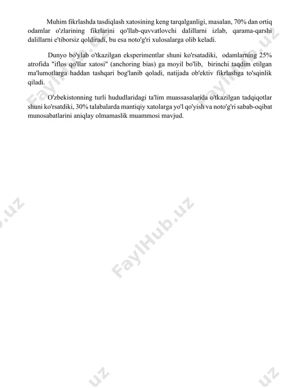 n tashqari bog'lanib qoladi, natijada ob'ektiv fikrlashga to'sqinlik qiladi. o'zbekistonning turli hududlaridagi ta'lim muassasalarida o'tkazilgan tadqiqotlar shuni ko'rsatdiki, 30% talabalarda mantiqiy xatolarga yo'l qo'yish va noto'g'ri sabab-oqibat munosabatlarini aniqlay olmamaslik muammosi mavjud. 📌xulosa танқидий фикрлаш – мустақил, мантиқий ва муаммоларни ечишга йўналтирилган фикрлашдир. бу жамият тараққиёти, шахснинг ўз-ўзини ривожлантириши ва муваффақиятга эришиши учун муҳимдир. 📚foydalanilgan adabiyotlar 1. ennis, r. h. (1996). critical thinking. in: j. a. k. smith d. r. johnson (eds.), critical thinking: a reader. (pp. 1-17). new york: harpercollins. (tanqidiy fikrlash. j. a. k. smit va d. r. jonson (tahrir