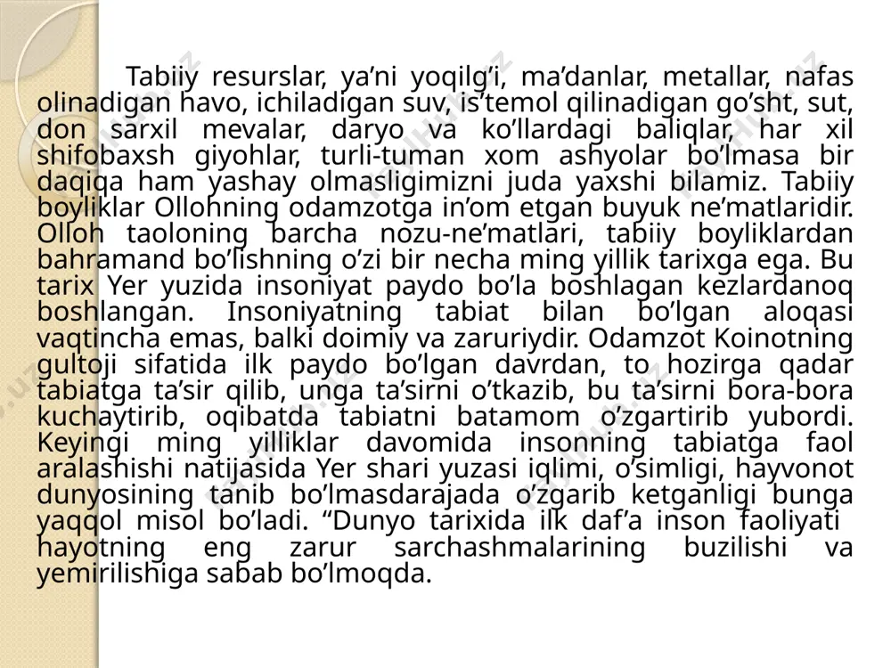 n aloqasi vaqtincha emas, balki doimiy va zaruriydir. odamzot koinotning gultoji sifatida ilk paydo bo’lgan davrdan, to hozirga qadar tabiatga ta’sir qilib, unga ta’sirni o’tkazib, bu ta’sirni bora-bora kuchaytirib, oqibatda tabiatni batamom o’zgartirib yubordi. keyingi ming yilliklar davomida insonning tabiatga faol aralashishi natijasida yer shari yuzasi iqlimi, o’simligi, hayvonot dunyosining tanib bo’lmasdarajada o’zgarib ketganligi bunga yaqqol misol bo’ladi. “dunyo tarixida ilk daf’a inson faoliyati hayotning eng zarur sarchashmalarining buzilishi va yemirilishiga sabab bo’lmoqda. insoniyatningo’zkelajagi, ertangikuni, istiqbolini o’ylamay qilgan o’zboshimchaliklari, ko’r-ko’ronaqil mishlari tufayli tabiat behat ozor chekdi, ko’pa’mollardan abadiy judo bo’ldi. har xil kosmik changlar, ilmiy texhikaviy taraqqiyot,ayniqsa, avtomobillar sonining tez darajada o’sib borishi, radioaktiv moddalar va boshqalar ta’siri ostida barcha jonli mavjudotning hayot manbai bo’lgan atmosfera havosi maksimal darajada ifloslanmoqda. bunday dahshatli hodisalar dunyoning deyarli hamma mamlakatlarida tez-tez sodir bo’lib turadi. atrof-muhitning radioaktiv va kimyoviy chiqindilar bilan bulg’anishi, aholining, chorva mollarining, parrandalarning, daryo hamda ko’llardagi, suv omborlari va okeanlardagi baliq …