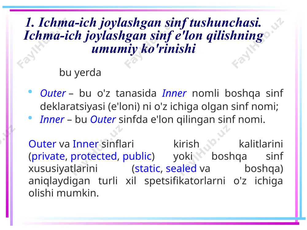 todda foydalanish quyidagicha bo'lishi mumkin: // ichma-ich joylashgan outer.inner1, outer.inner2, outer sinflaridan foydalanish // 1. outer sinfning obyektini yaratish outer o = new outer(); o.d = 300; // outer sinfi namunasi orqali ichki o'zgaruvchiga murojaat outer.sd = 230; // statik o'zgaruvchiga murojaat // 2. private-sinf inner1 ga outer sinfning namunasi orqali dustup yo'q // outer.inner1 i1; - xatolik, inner1 sinf private sifatida e’lon qilingan // 3. public-sinf inner2 ning obyektini yaratish outer.inner2 i2 = new outer.inner2(); i2.d2 = 440; outer.inner2.sd2 = 500; // statik o'zgaruvchiga murojaat 14 4. turli xil kirish modifikatorlariga ega bo'lgan sinflardan foydalanishga misol // 4. internal-sinf inner3 ning obyektini yaratish outer.inner3 i3 = new outer.inner3(); i3.d3 = 100; outer.inner3.sd3 = 400; // statik o'zgaruvchiga murojaat // 5. protected-sinfnig obyektini faqat voris qilib olingan sinflardan e’lon qilish mumkin // outer.inner4 i4; - xatolik // 6. protected-internal-sinfning obyektini e’lon qilish mumkin outer.inner5 i5 = new outer.inner5(); i5.d5 = …