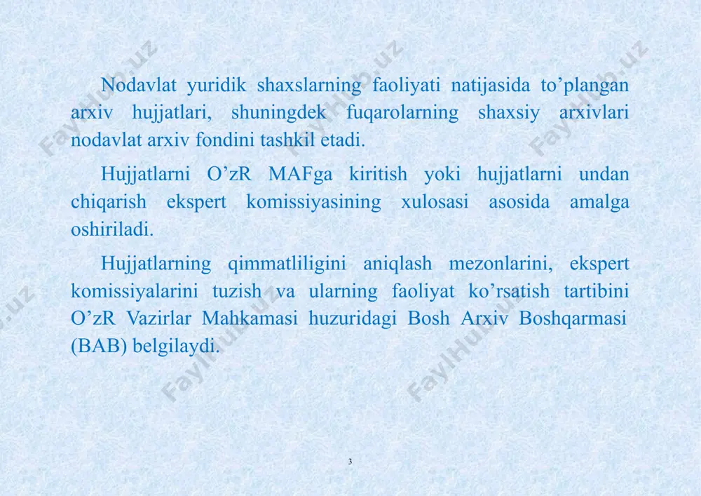 ari ham bo’lishi mumkin. kolleksiyalarga alohida fondlarni tashkil etish uchun yetarli bo’lmagan ayrim hujjatlar kiritiladi. masalan, «farg’onalik jangchilarning frontdan yozgan maktublari», «inqilobiy varaqalar», «ikkinchi jahon urushi qatnashchilarining hujjatlari» kabi arxiv kolleksiyalari bo’lishi mumkin. uchinchi bosqichda hujjatlar arxiv fondi miqyosida alohida yig’majildlarga bo’lingan holda turkumlanadi. 13 har bir yig’majild (yedinisa xraneniye, delo = saqlov birligi) bitta yoki ko’pini shakl va mazmun jihatidan o’zaro yaqin bo’lgan bir necha hujjatlardan iborat bo’ladi. soddaroq qilib aytganda, yig’majild biron bir tashkilot yoki muassasaning bitta papkaga tikilgan hujjatlaridir. arxiv fondini tashkil etish ishi odatda idoraviy arxivdan boshlanadi. bu yerda ish yuritish jarayonida hujjatlar alohida yig’majildlarga tiqiladi, keyinchalik ma’lum muddatdan so’ngdavlat arxiviga topshiriladi. davlat arxivlarida odatda shaxsiy arxivlardan qabul qilingan hujjatlargina fondlar va yig’majildlarga bo’linadi. 14 har bir yig’majild o’z tartib raqamiga ega bo’ladi. yig’majildlar eng avvalo strukturaviy va xronologik tamoyillar asosida tuziladi. ayrim hollarda tarmoq, funksional, nominal, mavzuiy, jug’rofiy va boshqa tamoyillar ham qo’llanilishi mumkin (mazkur …