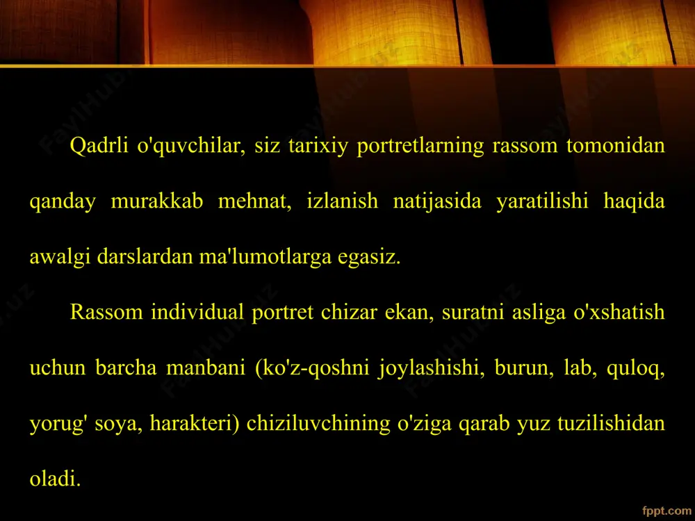 a qo'yilgan ikkinchi bosh o'lchamining gorizontal chizig'i bo'ylab o'rtasida yelka joylashadi. 8. qosh, ko'z, quloq, burun, lab kabi a'zolarni chizing, keyin bosh kiyim, libos va boshqa mayda qismlarni tasvirlang. chizish jarayonida chizilayotgan portretni darslikdagi tarixiy portretga solishtirib turing. 30-31-amaliy mashg'ulot suratni yengil chiziqlar bilan och tusda chizing simmetriya chizig'ini och tusda chizing, chiziq yuqorisiga katta va pastki qismiga kichik yoy chizing. katta yoydan kichik yoygacha bo'lgan masofani teng uch bo'lakka bo'lib nuqta belgilang. ikkita yoyni birlashtirib tuxum shaklini hosil qiling. shaklni yordamchi chiziq bilan teng uch bo'lakka bo'ling. bo'yin qismini chizing. quloq yuqori va pastki qismini birinchi va ikkinchi yordamchi chiziq ichiga belgilash: quloqning pastki qismi yordamida chizig'ini o'rtasida burun uchun nuqtalar belgilang. birinchi chiziqda qosh va quloqning yuqori qismi, ikkinchi chiziqda, burun va quloqning pastki qismi chiziladi. qosh bilan burungacha va burundan dahangacha bo'lgan oraliqni teng ikkiga bo'lib yordamchi chiziq chizing. boshning yuqori chegara chizig'ini qosh bilan burun oralig'ini …