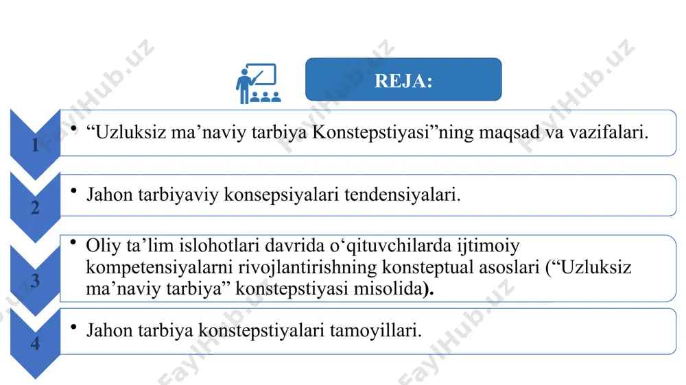 3 yoshgacha bo‘lgan davr); ikkinchi bosqich — maktabgacha ta’lim 3 — 6 (7) yoshgacha bo‘lgan davr; uchinchi bosqich — umumiy o‘rta ta’lim tizimida (ikki davr asosida: birinchi davr — 7 (6) — 10 yosh boshlang‘ich sinf, ikkinchi davr — 11 — 17 yosh o‘rta va yuqori sinflar); to‘rtinchi bosqich — ishlab chiqarishda faoliyat ko‘rsatayotgan va band bo‘lmagan yoshlar, shuningdek, o‘rta maxsus kasb-hunar va oliy ta’lim muassasalari tizimida (ikki davr asosida: birinchi davr — o‘rta maxsus kasb-hunar va oliy ta’lim bilan qamrab olinmagan, shuningdek, ishlab chiqarishda faoliyat ko‘rsatayotgan va band bo‘lmagan yoshlar — 17 — 30 yosh, ikkinchi davr — o‘rta maxsus kasb-hunar, oliy ta’lim muassasalarining o‘quvchi-talabalari 15 — 22 (24) yosh). quyida turli zamon va makonlarda yaratilgan tarbiyaviy konsepsiyalar va qarashlar, dasturlarning qisqacha tavsiflarini keltiramiz. zero bunday qiyosiy pedagogik yondashuv milliy tarbiyaning izchilligini, tamoyillarini, mazmunini, usullarini, vositalarini belgilashning tarixiy pedagogik manbalarini ko‘rsatishga xizmat qiladi “munosib inson”ni etishtirish abu nasr forobiy …
