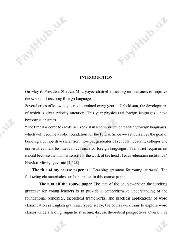 mmunication, and interpretation. the actuality of the course work. the classification of words into parts is often considered fundamental in analyzing language structure. crystal (1967) suggests that linguists typically prioritize understanding word classes before delving into more intricate aspects of grammar, though he criticizes this approach as overlooking the interconnection between parts of speech and other grammatical elements. despite this criticism, the conventional organization of grammar books reflects this sequential approach, placing emphasis on parts of speech early on. this convention aligns with the hierarchical view of language structure, where words and their categories serve as foundational units for exploring higher levels of linguistic structure. however, the relationship between parts of speech and other aspects of grammar is reciprocal and complex, as they are defined in terms of each other. crystal's critique underscores the challenge of defining any part of grammar in isolation, as each relies on other elements for …