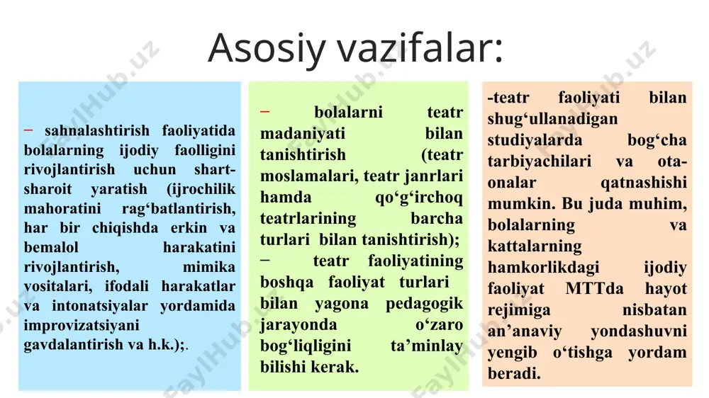 ining o‘rni. maktabgacha ta’lim tashkilotlarida teatrlashtirilgan faoliyat kunning istalgan vaqtida musiqa, tasviriy san’at va boshqa mashg‘ulotlar davomida, shuningdek, ona tili, atrof-olam kabi haftalik mashg‘ulotlarga singdirilgan holda tashkil etilishi mumkin. kichik guruhlar har bir mashg‘ulot mavzusidan kelib chiqqan holda guruhlashtirilishi lozim. teatrlashtirilgan faoliyat bolalarda o‘ziga ishonch, ijtimoiy ko‘nikmalarni shakllantirish, u yoki bu asar qahramoni holatiga kirishda o‘zini ko‘rsata olish ko‘nikmalarini shakllantirish va rivojlantirishga yordam beradi. buning uchun mashg‘ulot davomida turli imkoniyatlardan foydalanish zarur: – bolalarga o‘zlari istagan rolni tanlashga imkon berish; – bosh rolga faol bolalar bilan birga uyatchang va tortinchoq bolalarni ham jalb etish; – ixtiyoriy tanlov asosida rol taqsimlash (bolalar tarbiyachi qo‘lidan personajlarning nomi yozilgan ixtiyoriy kartochkani tanlaydilar); – hamma bolalar tomonidan tomosha qahramonlarini navbat bilan almashib ijro etish. tarbiyachi bolaga biror qahramonni ijro etib berish yoki ko‘rsatib berish topshirig‘ini berayotganda uning ichki imkoniyatlarini ham inobatga olishi lozim. buning uchun tarbiyachi oldida muhim ikki vazifa turadi: – bolaning ichki …