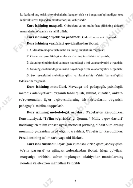 ni uzoq muddat davom etgan. u yer mantiyasini degazatsiyasi hisobiga yuz bergan. bu jarayon hozirgi davrda ham davom etmoqda. yerda suvning paydo boʻlishini taʼminlovchi manba - mantiyani suv hajmi 20 mlrd. km3 miqdorda baholangan. (vinogradov,1963 y). u gidrosfera umumiy hajmidan 15-marta katta. baʼzi bir tasavvurlar boʻyicha mantiyaning degazatsiyasi hisobiga gidrosfera hajmi yiliga 1km3 ga yaqin koʻpayarkan. sayyoramizda suvning kelib chiqishi haqida yagona tan olingan nazariya yoʻq, lekin u haqida birnecha farazlar mavjuddir. olimlar taxminicha bu jarayonlar deyarli 5 mlrd yil muqaddam asosan tugagan va natijada sayyoramizdagi suv zaxiralari koʻyidagi miqdorda hosil boʻlgan (1-jadval). 1-jadval yer gidrosferasining turli qismlaridagi suv hajmi gidrosfera qismlari suv hajmi x103 km3 umumiy hajmga nisbatan % hisobida chuchuk suv-lar hajmi-ga nisb.% hisobida dunyo okeani 1370323 93,93 - yer osti suvlari (chuqur qatlamla-rining shoʻr suvlari) 60000 4,12 - chuchuk yer osti suvlari (faol yangilanuvchi zona) 4000 0,27 14,1 muzliklar 24000 1,65 84,6 koʻllar 278 0,019 0,97 tuproq …