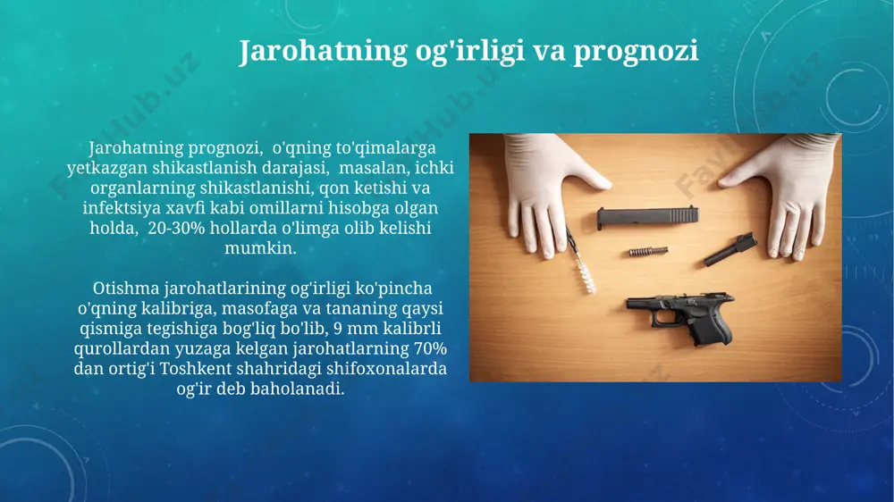 shkentdagi amaliyotda qayd etilgan. suyak shikastlanishlari o‘q yaralari natijasida uzun suyaklar, masalan, femur yoki tibia singan hollari 30% gacha tez-tez uchraydi, ayniqsa, yaqin masofadan otilgan o‘qlar natijasida toshkentdagi sud-tibbiyot ekspertizalarida qayd etilgan. o‘rtacha 45 mm kalibrli qurolardan otilgan o‘qlarning ta’siri natijasida yuzaga kelgan komminutiv sinishlar, ayniqsa, qovurg‘a va elka pichog‘i suyaklarida ko‘proq uchraydi samarqand viloyatida o‘tkazilgan tadqiqotlar shuni ko‘rsatdi. masofa aniqlash masofa aniqlashda o‘q izining kengayishi va chuqurlashuvi, shuningdek, kukun izlarining mavjudligi yoki yo‘qligi 5-15 sm masofada aniq farq qiladi, bu esa toshkentdagi sud-tibbiyot ekspertizasida qo‘llaniladigan standartlardan biridir. o‘qning kirish teshigining shakli va o‘lchamlari, shuningdek, atrofdagi to‘qimalarning shikastlanishi darajasi 20-30 sm masofani aniqlashda muhim ahamiyatga ega bo‘lib, samarqanddagi amaliyotda tez-tez qo‘llaniladi. e'tiboringiz uchun rahmat @taqdimot_robot image3.png image4.jpg image5.jpg image6.jpg image7.jpg image8.jpg image9.jpg image10.jpg image11.jpg image12.jpg image13.jpg image14.jpg image15.jpg image16.jpg
