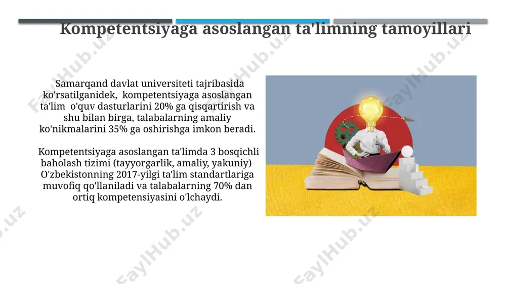 yondashuvi bilan chambarchas bogʻliq. kompetentsiyaning tarkibiy qismlari pedagogik kompetensiya tarkibiga shaxsiy sifatlar (masalan, o'z-o'zini tarbiyalash, 7 ta asosiy fazilat), kommunikativ ko'nikmalar (o'quvchilar bilan muloqot, 10 ta muhim usul) hamda innovatsion yondashuvlar (yangi texnologiyalar, 21-asr talablari, samarqand shahridagi tajriba) kiradi. kompetensiyaning tarkibiy qismlariga bilim (nazariy asoslar, 3 ta asosiy soha bo'yicha), ko'nikma (amaliy tadbirlar, 5 bosqichli jarayon) va malaka (o'qituvchining 20 yildan ortiq tajribasi, toshkent shahridagi maktablarda) kabi jihatlar kiradi. tadqiqotlar va amaliyotdagi misollar қорақалпоғистон республикасидаги 10 та мактабда амалга оширилган лойиҳада, 70% ўқитувчиларнинг ўз-ўзини баҳолаш кўникмасини ривожлантиришга эътибор қаратилди, бунда ўқув натижалари 10 балл шкаласида ўртача 2 баллга юксалди. 2018 йилда тошкентда ўтказилган тадқиқотда, 50 нафар ўқитувчининг педагоглик компетенциясини баҳолашда, 3 та асосий мезон – билим, кўникма ва шахсий сифатлар таҳлил қилинди. zamonaviy ta'limda kompetentsiyaviy yondashuv zamonaviy ta'limda kompetensiya yondashuvi 3 ta asosiy tarkibiy qismdan – bilim, ko'nikma va malakadan iborat bo'lib, ularning 70% amaliy faoliyatga, 30% esa nazariy bilimlarga …