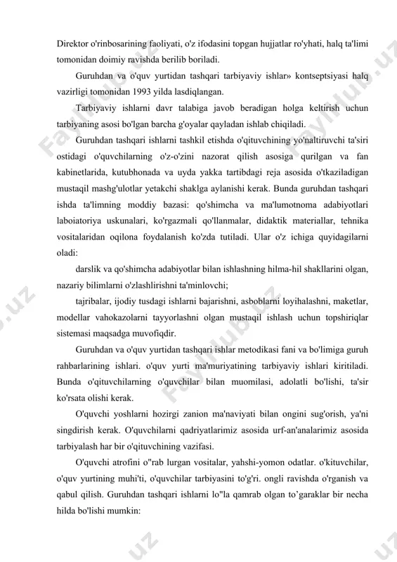 arbiyalash har bir o'qituvchining vazifasi. o'quvchi atrofini o"rab lurgan vositalar, yahshi-yomon odatlar. o'kituvchilar, o'quv yurtining muhi'ti, o'quvchilar tarbiyasini to'g'ri. ongli ravishda o'rganish va qabul qilish. guruhdan tashqari ishlarni lo"la qamrab olgan to’garaklar bir necha hilda bo'lishi mumkin: to'garak turlari: fan to'garaklari. mohir qo'llar. duradgorlik. sport musobaqalari. badiiy havaskorlik. ko'rib chiqilishi, asosiy e'tibor bola shahsiga qaratilishi, yillar davomida to'plangan ijobiy tajribadan unumli foydalanish zarurligini taqozo etadi. tarbiyaning bosh maqsadi yosh avlodni ma'naviy, ahloqiy tarbiyalashda halqning boy, milliy ma'naviy an'analarga, urf-odatilari hamda qadriyatlariga asoslangan samarali tashkiliy ishlarni amalda ishlab chiqishdir. tarbiyaning asosiy vazifasi- shahsning aqliy-ahlooqiy tarbiyalashda erkin fikrlovchi va jismoniy rivojlanishi, uning qobiliyatlarini har tomonlama ochish uchun imkoniyat yaratishdir. tarbiyaviy ishlarni rejalashtirishda quyidagi pedagogik talablar mavjud: o'quv yurtidan tashqari ta'lim muassasalarining to'garak qatnashchilari ongida yuksak ma'naviy ahloqiy fazilatlar mujassamlashgan bo'lishi kerak. to'garak qatnashchilarini doimiy ravishda fan va madaniyatning so'nggi yutuqlaridan habardor qilib turish, ular ongini ijodiy ishlar va tarbiyaviy tadbirlar bilan band …