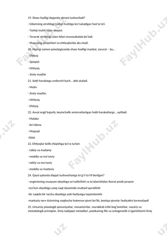idual sifatlar 29. … deb oldindan belgilangan qat’iy bir maqsad asosida va ongli ravishda diqqatimizni ma’lum narsa hamda hodisalarga qaratilishiga aytiladi. - ixtiyoriy -ixtiyorsiz -ixtiyoriydan keyingi diqqat -diqqat tanqisligi 30. diqqatning ko’lami qaysi asbob yordamida o’lchanadi? - taxistoskop -varometr -manometr -sekundomer 31. agar diqqatimiz faqat bitta obyektga qaratilishi… - diqqatning konsentrasiyasi -diqqatning bo’linuvchanligi -diqqatning ko’lami -diqqatning taqsimlanganligi 32. agar diqqatimiz ayni bir vaqtda bir necha obyektga qaratilishi: - diqqatning taqsimlanganligi -diqqatning konsentrasiyasi -diqqatning ko’lami -diqqatning kuchi va barqarorligi 33. faoliyat jarayonida diqqatning ongli ravishda bir obyektdan ikkinchi obyektga o’tkazilishi …aytiladi. - diqqatning ko’chishi -diqqatning bo’linuvchanligi -diqqatning konsentrasiyasi -diqqatning ko’lami 34. psixologik holatlar qaysi qatorda to’g’ri ko’rsatilgan? - emosiyalar, e’tiqodlilik, bardamlik, tetiklik, apatiya, qiziquvchanlik, hayratlanish, ishonchlilik, ijodiy ruhlanish - emosiyalar, diqqat, sezgi, idrok, xotira - apatiya, ijodiy ruhlanish, idrok, qiziquvchanlik, diqqat - emosiyalar, qiziquvchanlik, diqqat, xotira, idrok, tafakkur 35. bir vaqtning o’zida diqqatning bir necha obyektlarga yoki faoliyatga qarata olish imkoniyati. …